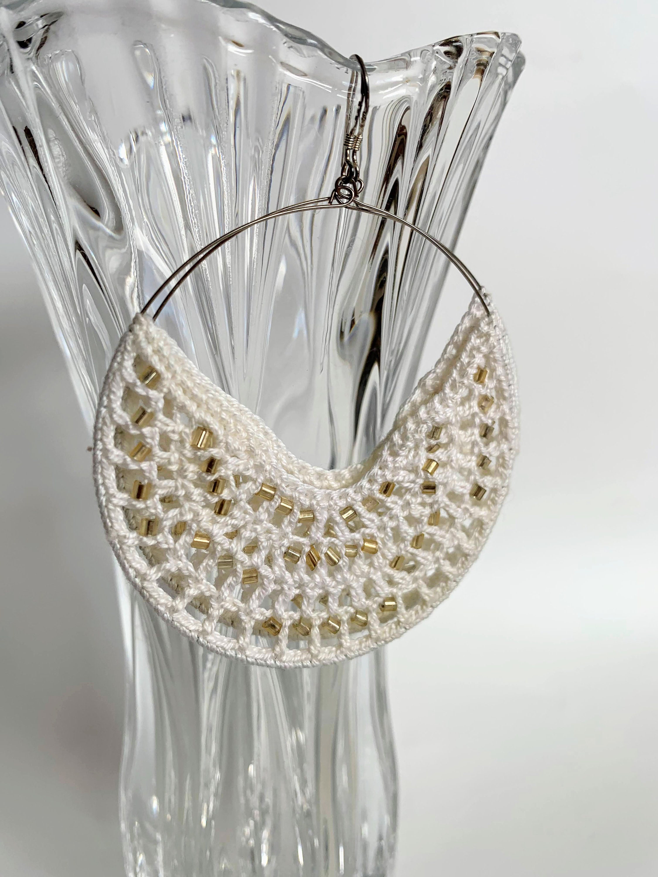 Chunky Hoop Earrings with Gold Tone Seed Beads, Cotton Thread Crochet Earrings in Black or White, Tribal, Bohemian, Boho, Indie Jewelry - Thumbnail 4