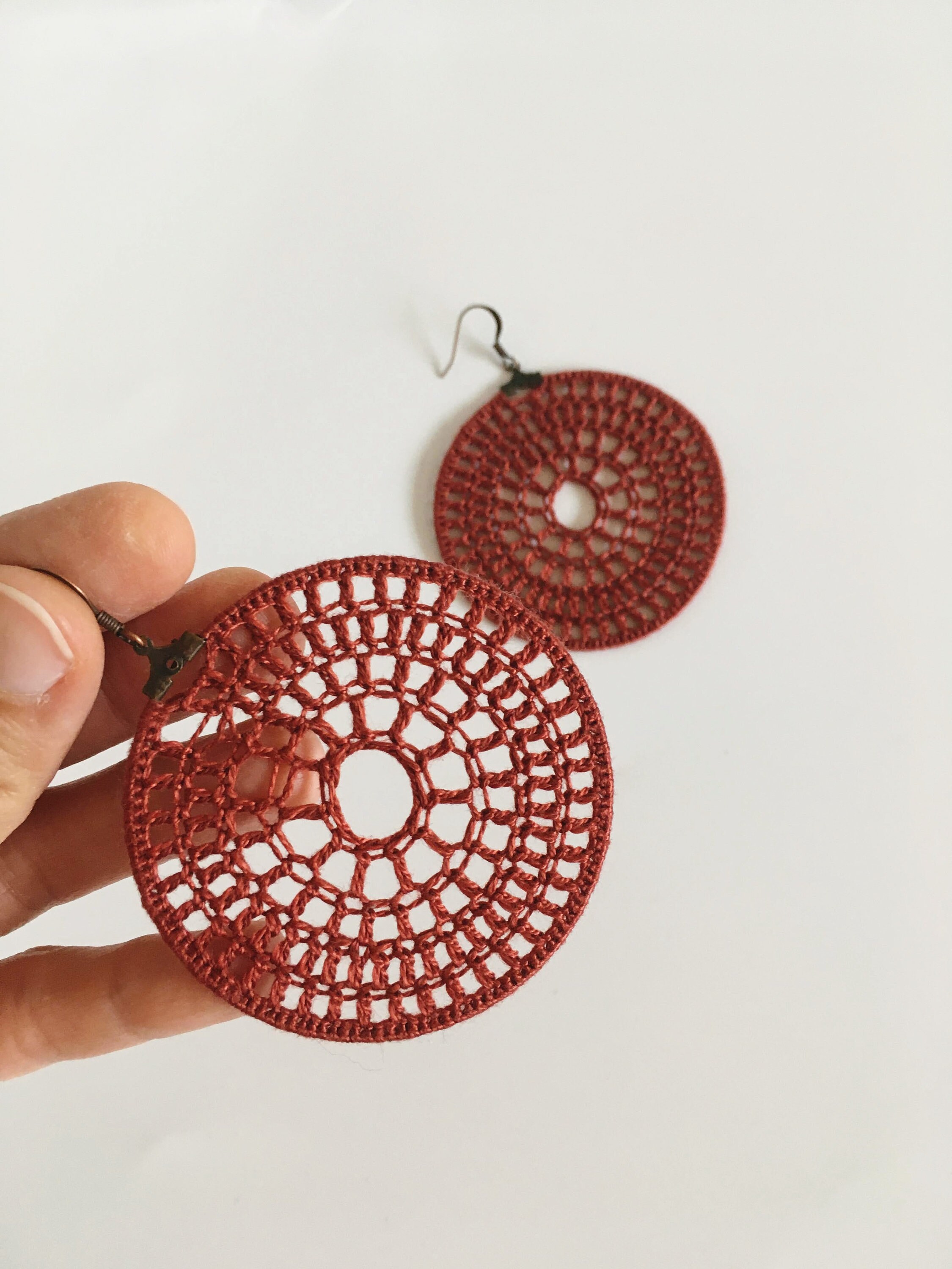 Spider Web Big Hoop Earrings, Rust Brown Circle Crochet Earrings, Round Geometric Earrings, Textile Dangle Earrings, Autumn Color Jewelry - Thumbnail 6