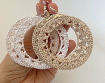 Summer Weaves Round Crochet Earrings in White or Beige, Handmade Cotton Thread Geometric Circle Earrings, Shabby Chic Large Hoops for Women