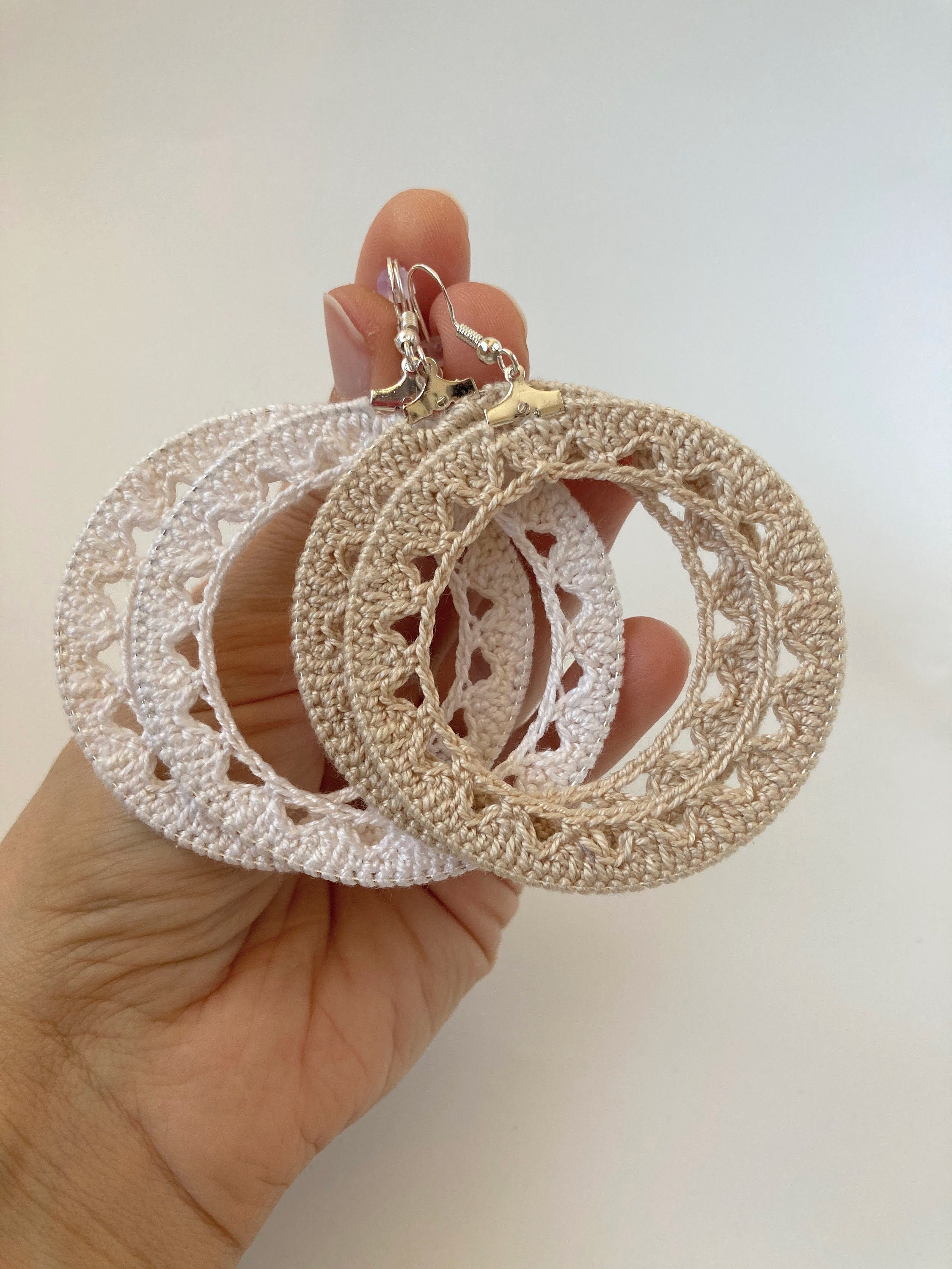 Summer Weaves Round Crochet Earrings in White or Beige, Handmade Cotton Thread Geometric Circle Earrings, Shabby Chic Large Hoops for Women