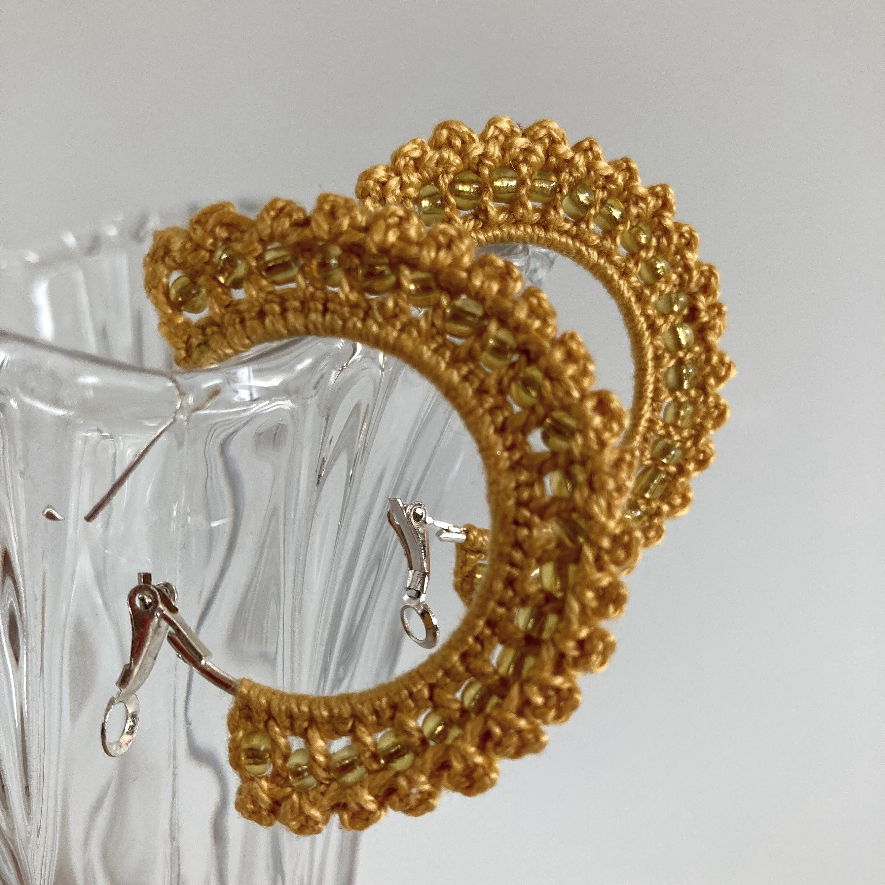 Mustard Yellow Crochet Hoop Earrings, Scalloped Fan Shaped Earrings with Beads, Elegant Beaded Hoops, Gold Tone Autumn Jewelry, Crochet Gift - Thumbnail 3