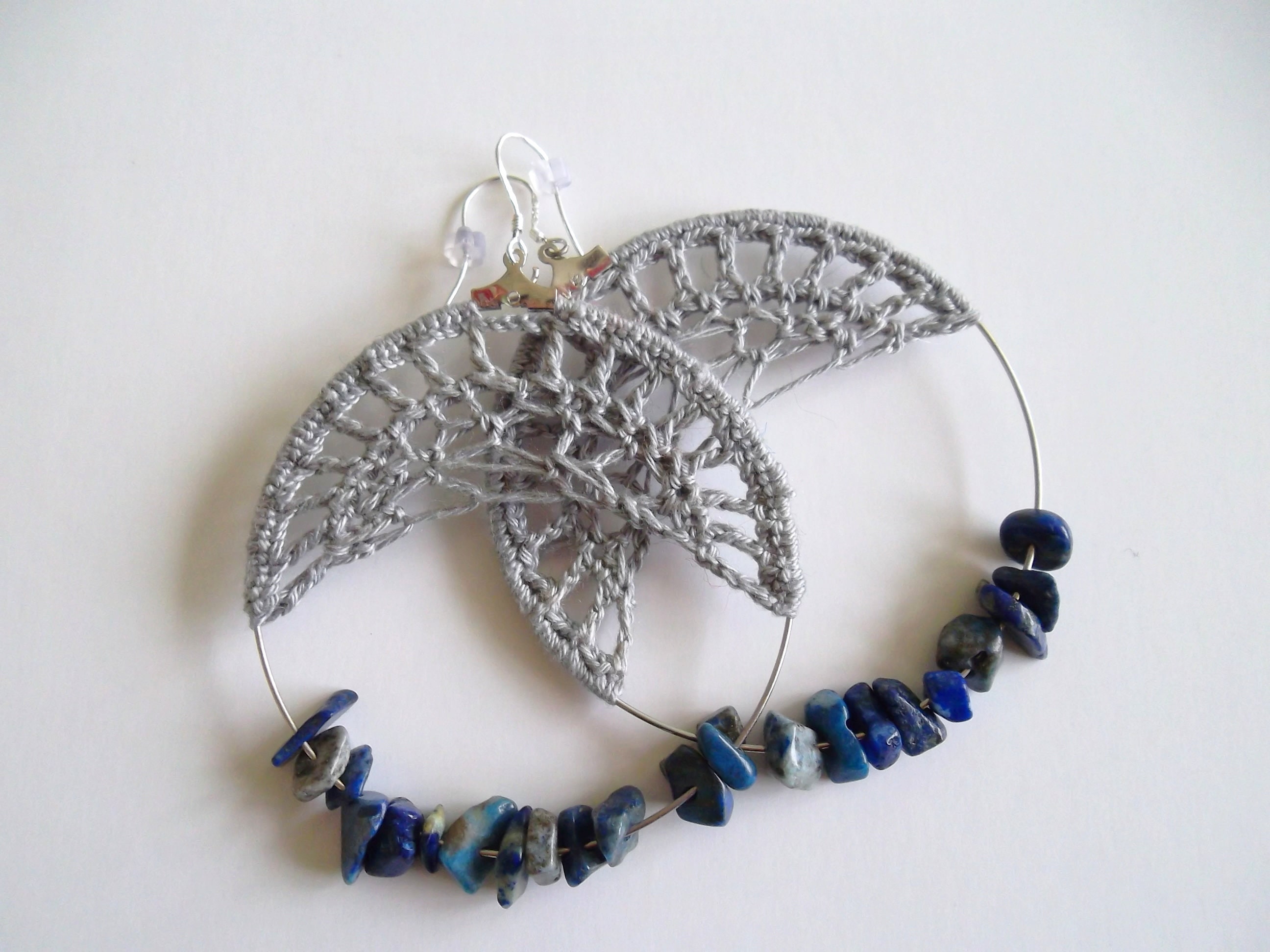 Large Hand Crochet Earrings in Grey Black or Blue, Azurite Chip Beaded Big Hoop Earrings, Bold Boho Lace Crochet Hoops, Unique Jewelry Gift - Thumbnail 2
