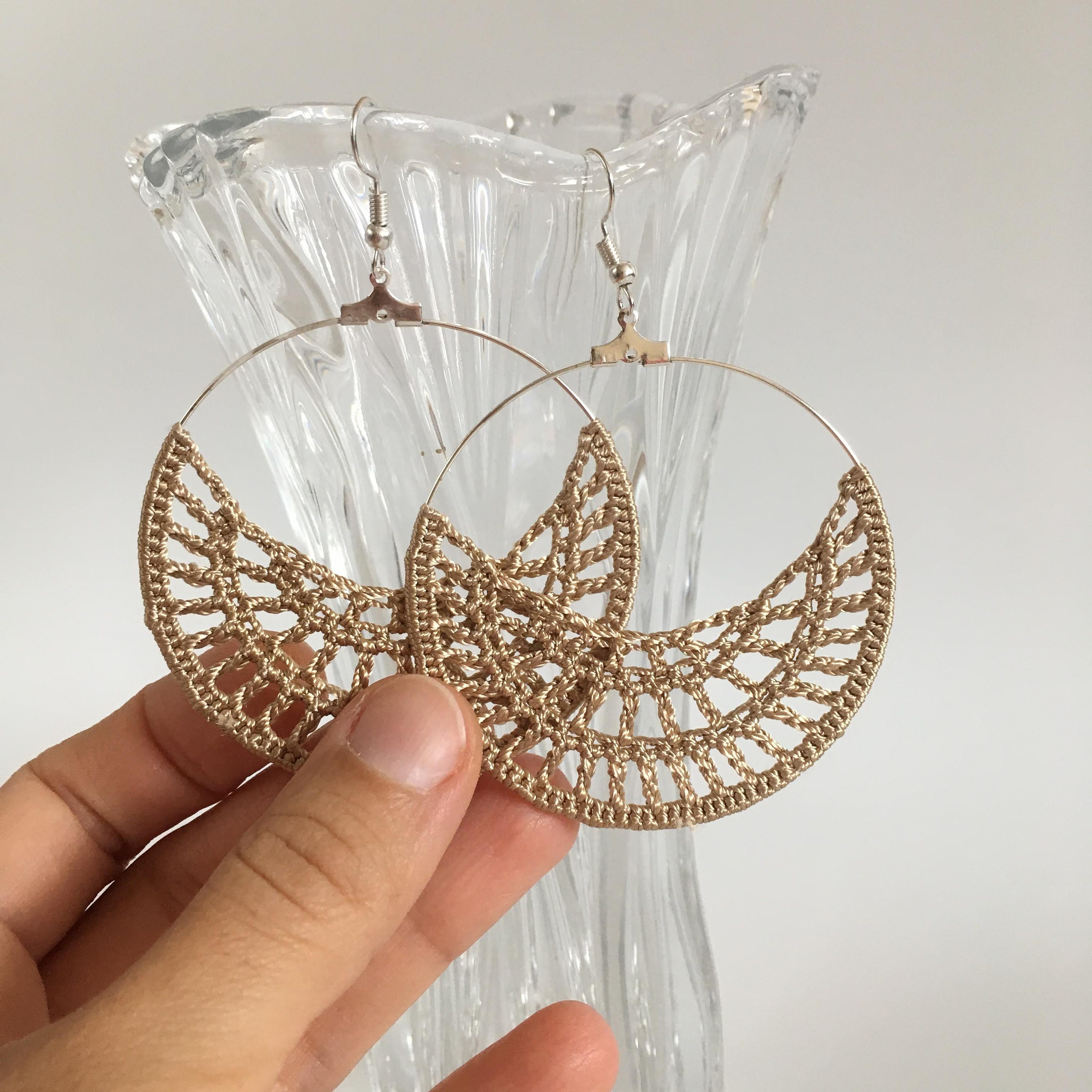Crochet Hoop Earrings for Women, Half Moon Viscose Silk Thread Earrings, Spider Web Doily Earrings, Crochet Jewelry, Christmas Gift - Thumbnail 2