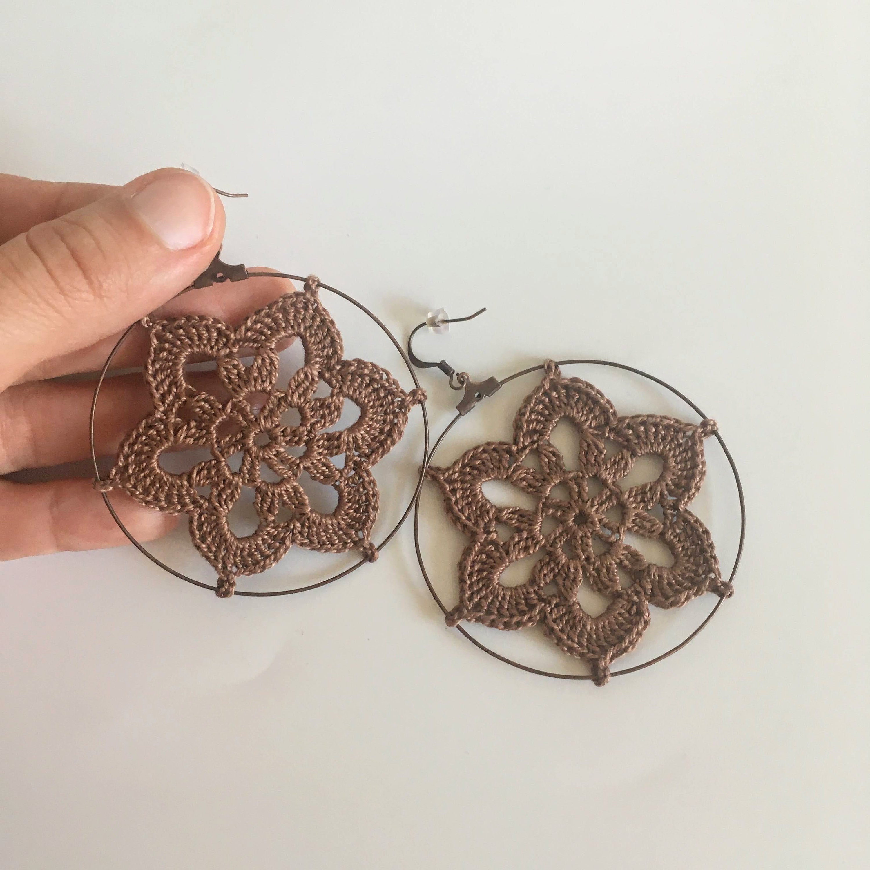 Cottagecore Crochet Flower Earrings, Romantic Lace Doily Earrings, Lightweight Oversized Mandala Large Hoop Earrings, Yoga Crochet Jewelry - Thumbnail 6
