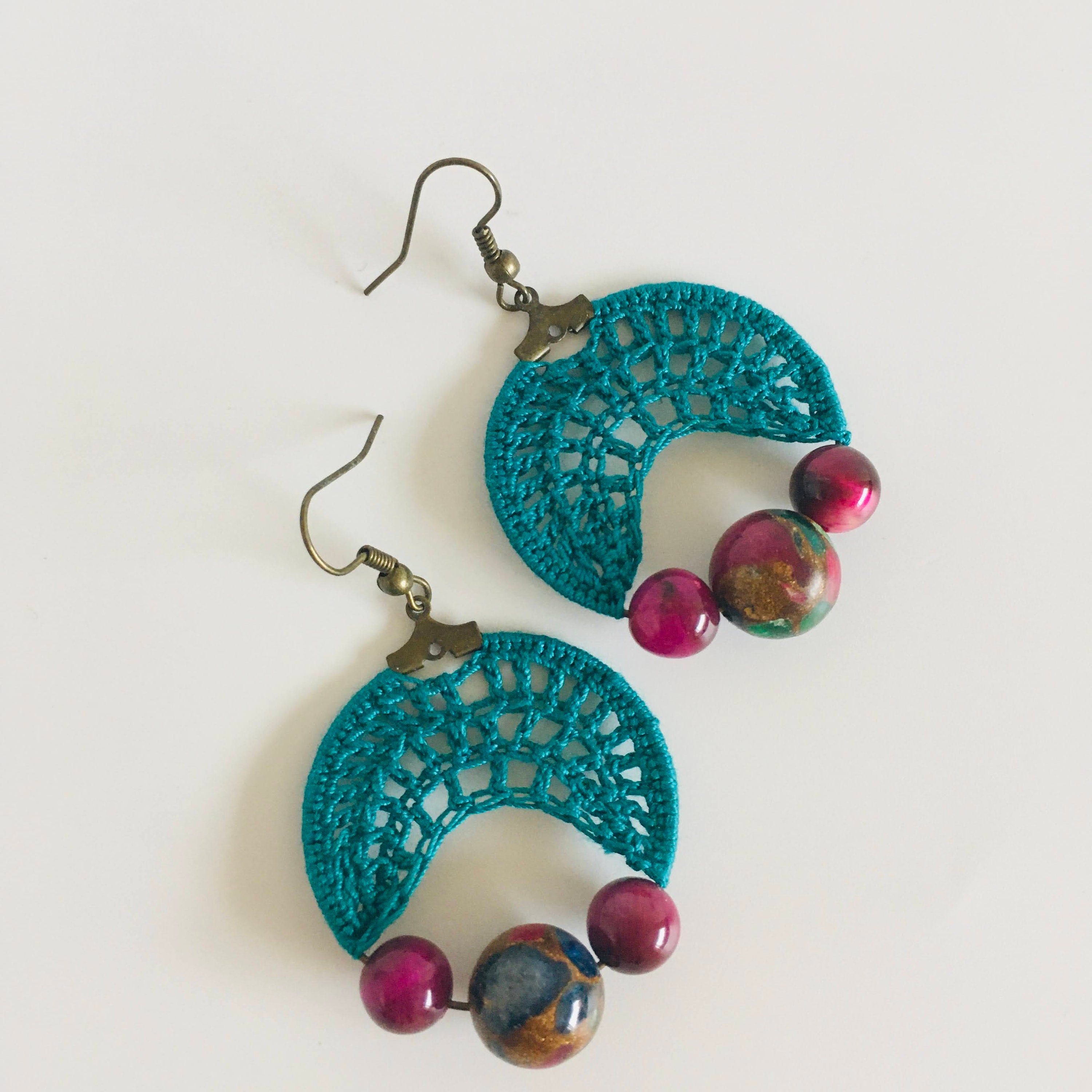 Emerald Green Dangling Crochet Earrings with Purple Glass Cat's Eye Beads, Bright Bold Color Block Hoop Earrings, Statement Cotton Jewelry - Thumbnail 7
