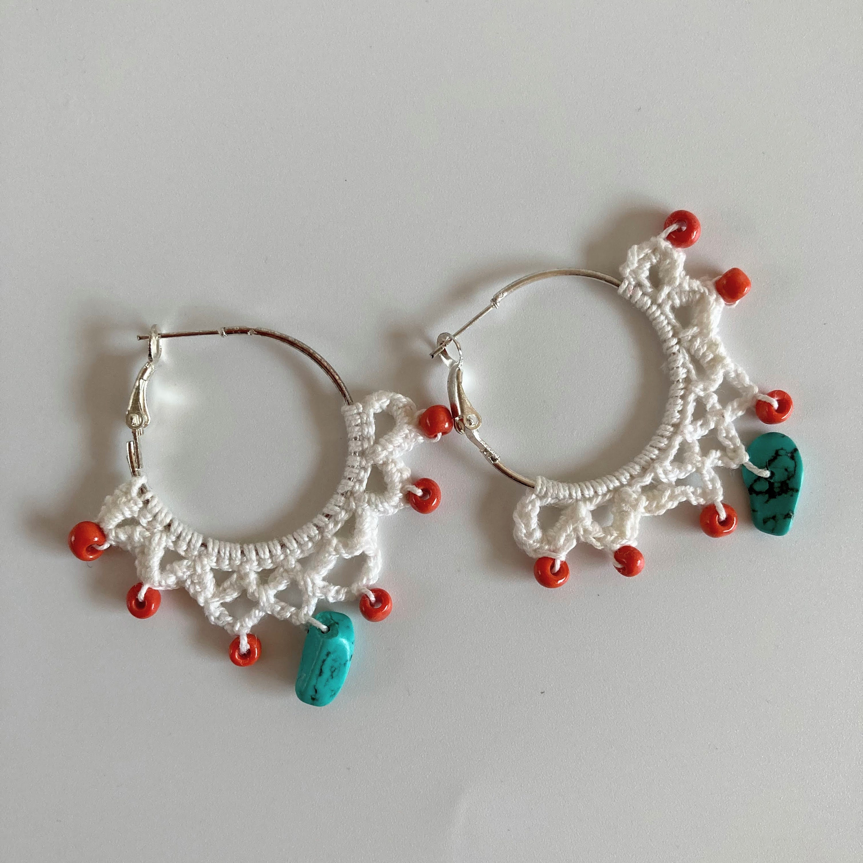 White Lace Crochet Earrings With Blue Turquoise Gemstones, Ethnic Cotton Hoop Earrings with Orange Seed Beads, Tropical Beach Summer Jewelry - Thumbnail 5