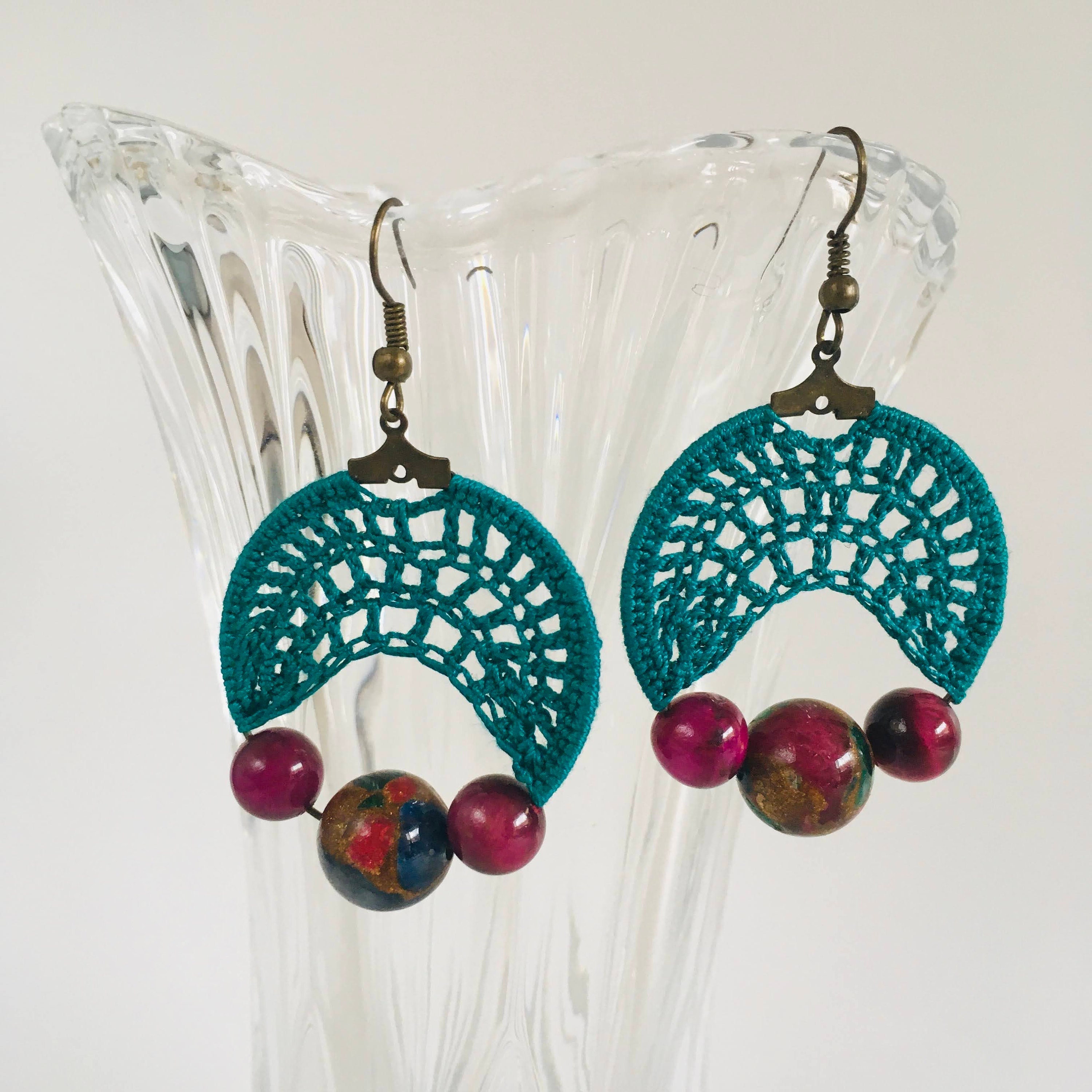 Emerald Green Dangling Crochet Earrings with Purple Glass Cat's Eye Beads, Bright Bold Color Block Hoop Earrings, Statement Cotton Jewelry