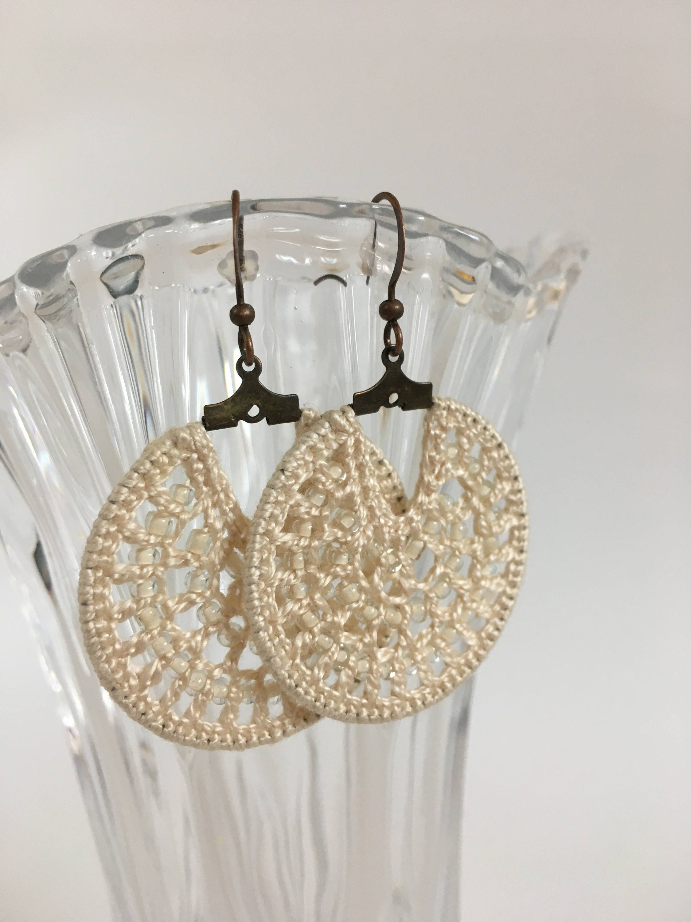 Off White Dangle Crochet Earrings with Beads, Modern Beaded Hoop Earrings, Cotton Lace Jewelry, Fiber Art Accessories, Gift for Wife - Thumbnail 4