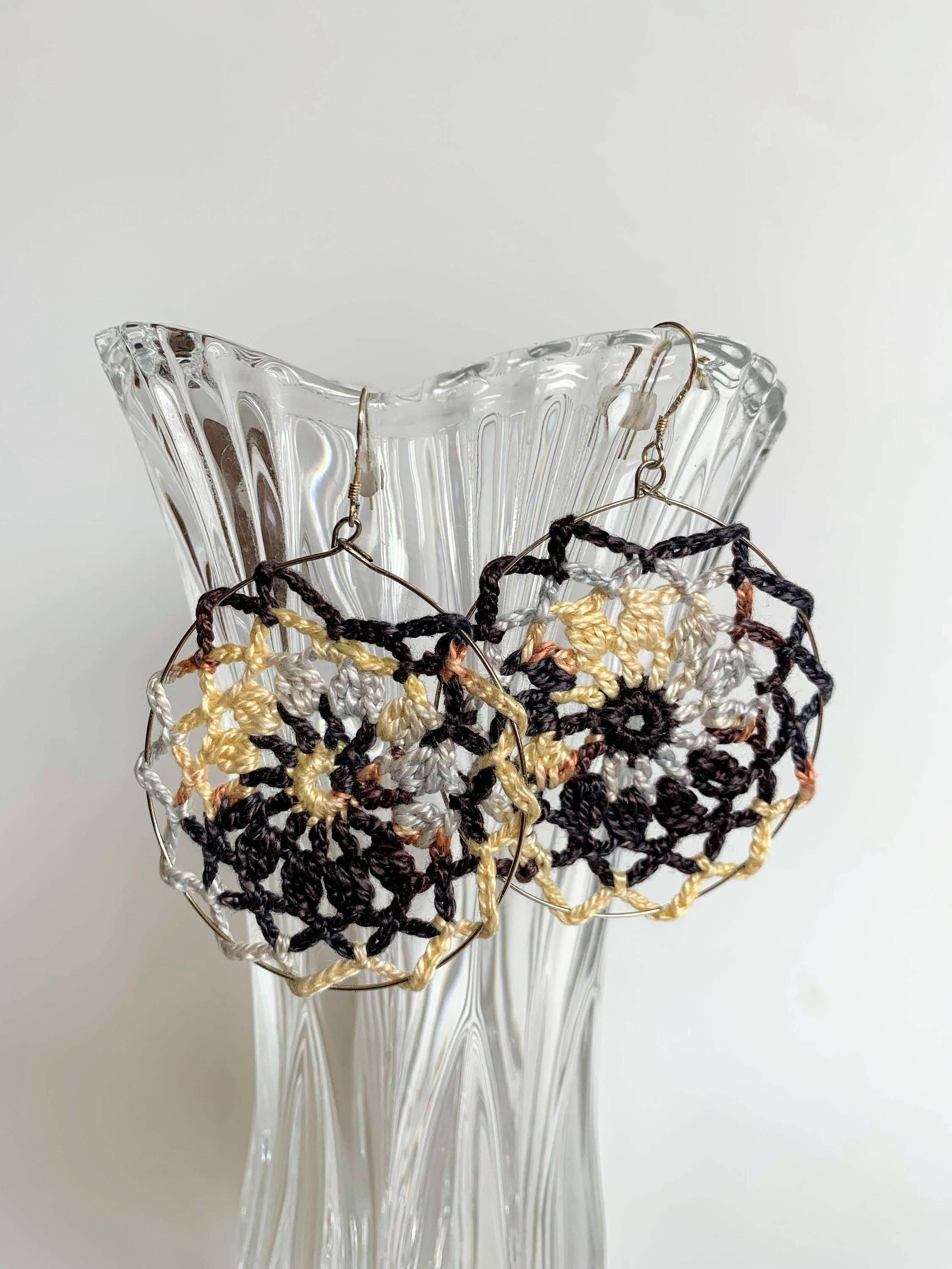 Ombré Cotton Crochet Earrings in Beige, Brown and Dark Grey, Flower Motif Dangle Lace Earrings, Lightweight Statement Large Hoop Earrings - Thumbnail 5