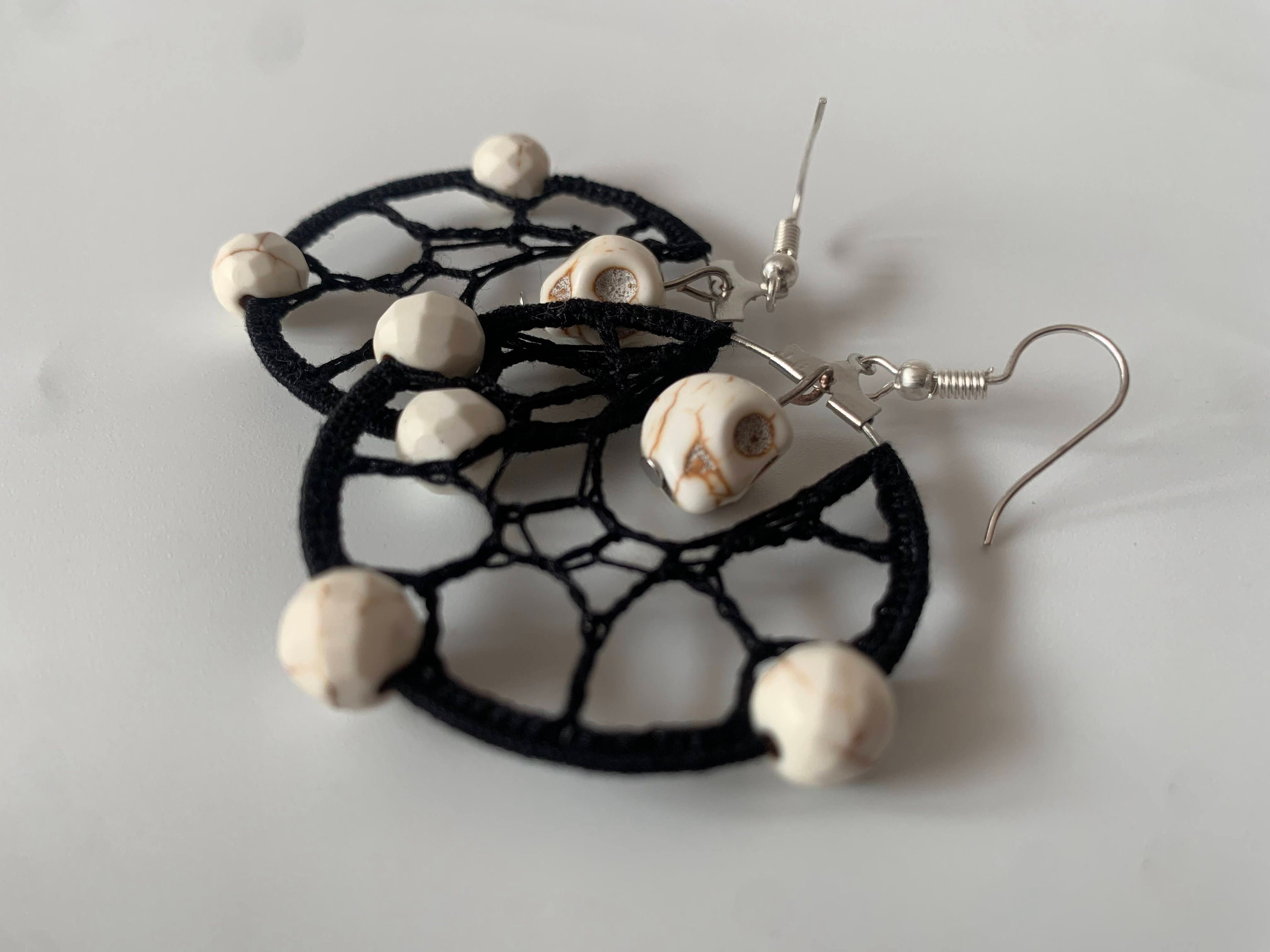 Handmade Skull Earrings, Cotton Lace Goth Earrings, Spider Web Halloween Earrings, Howlite Beaded Witchy Jewelry, Black Crochet Earrings - Thumbnail 4