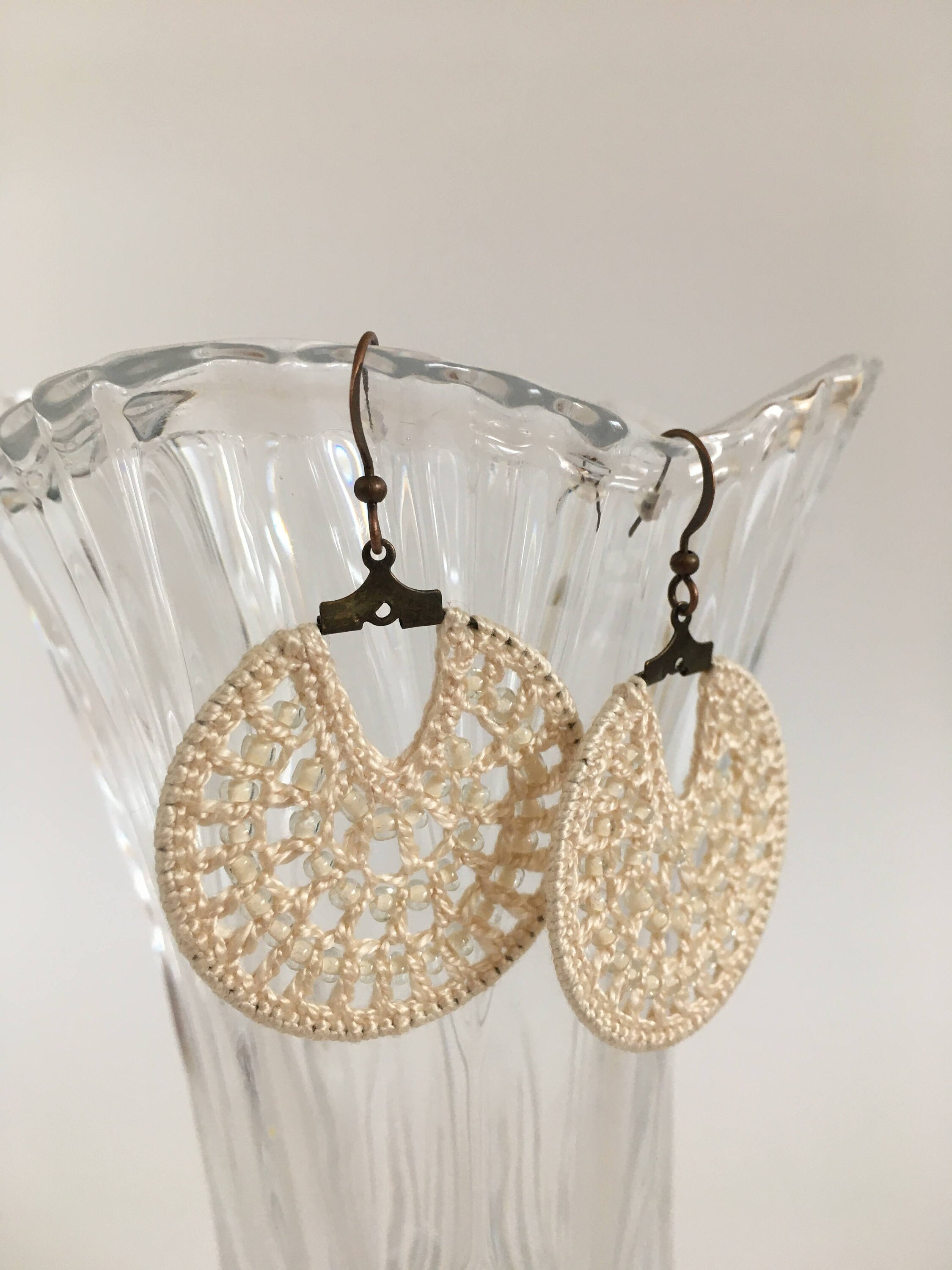 Off White Dangle Crochet Earrings with Beads, Modern Beaded Hoop Earrings, Cotton Lace Jewelry, Fiber Art Accessories, Gift for Wife - Thumbnail 5