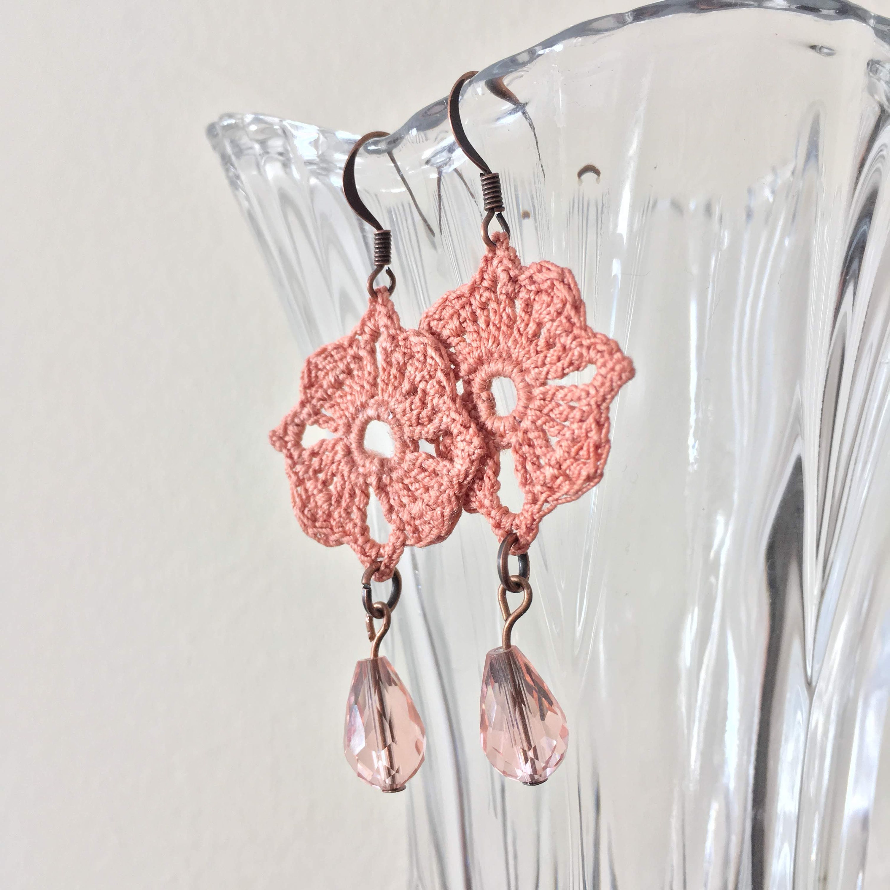 Pink Earrings With Teardrop Crystal Beads, Crochet Lace Earrings, Handmade Chandelier Earrings, Crochet Jewelry, Mothers Day Gift for Mom - Thumbnail 6