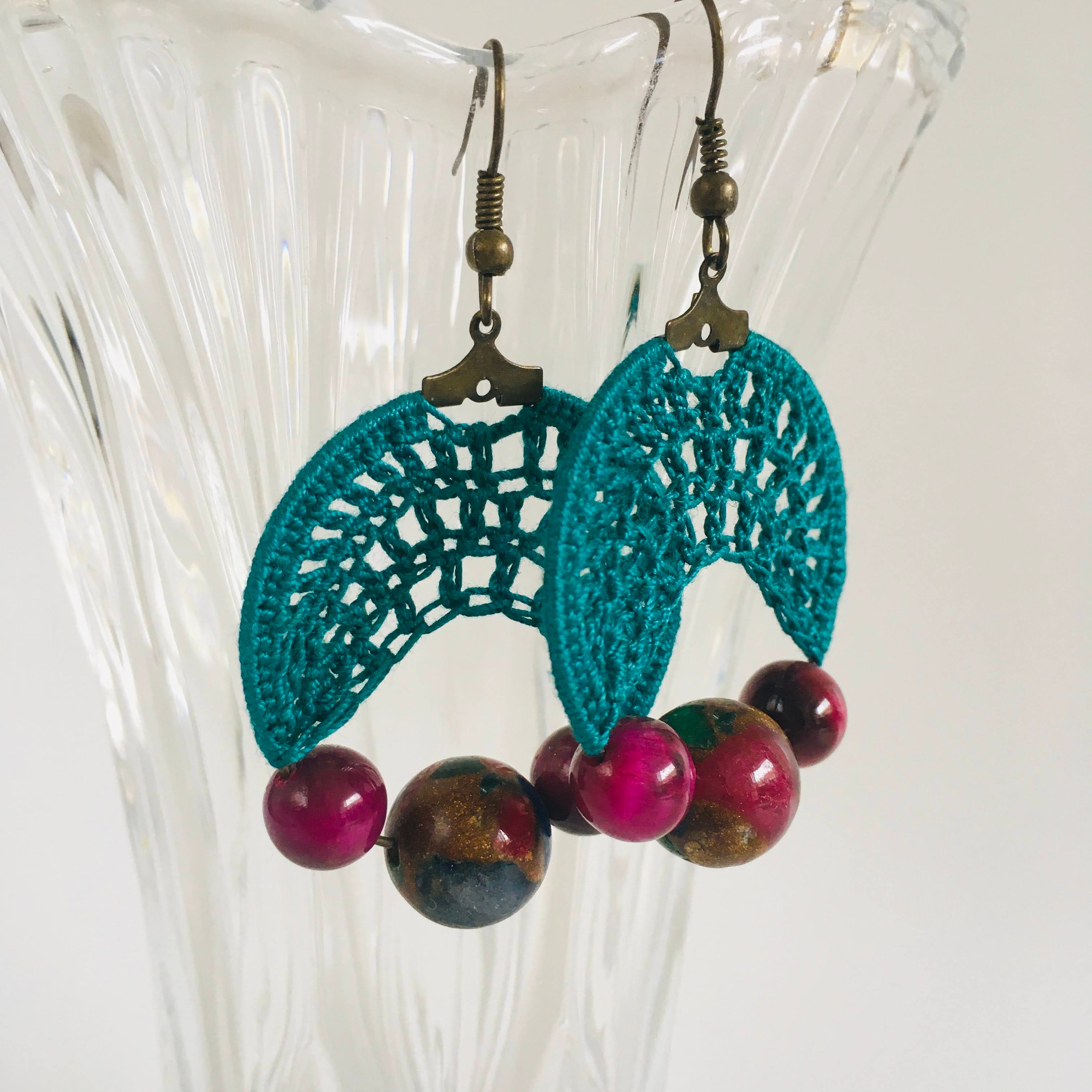 Emerald Green Dangling Crochet Earrings with Purple Glass Cat's Eye Beads, Bright Bold Color Block Hoop Earrings, Statement Cotton Jewelry - Thumbnail 3