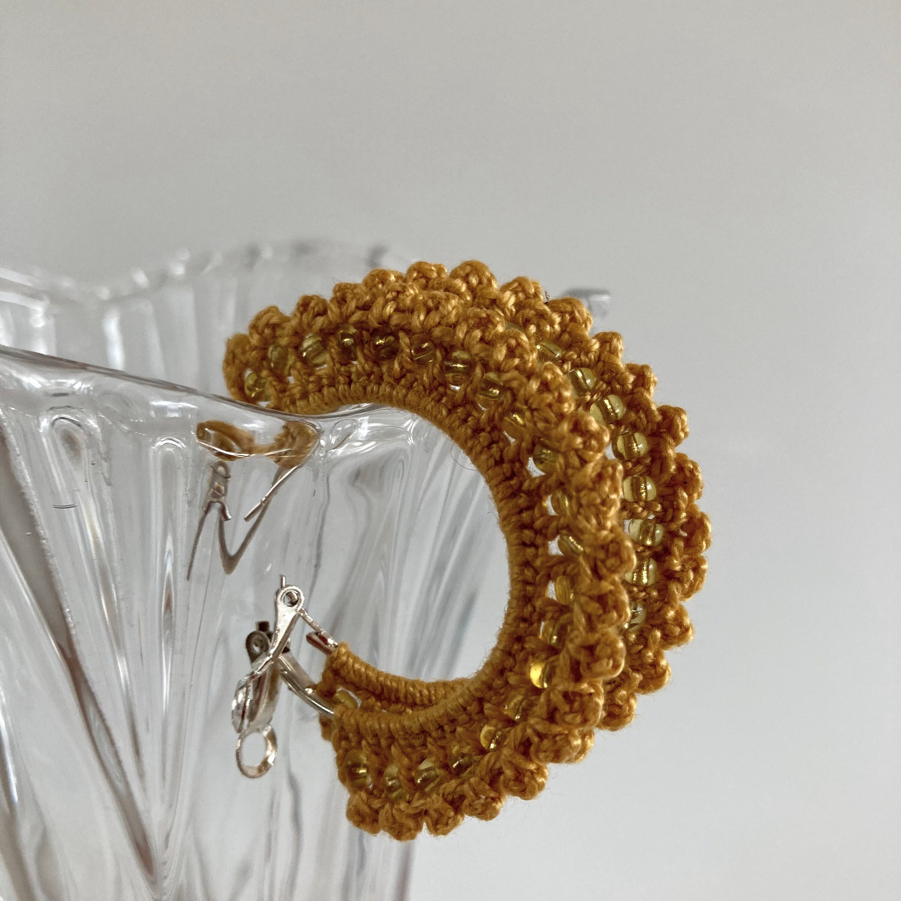 Mustard Yellow Crochet Hoop Earrings, Scalloped Fan Shaped Earrings with Beads, Elegant Beaded Hoops, Gold Tone Autumn Jewelry, Crochet Gift - Thumbnail 4