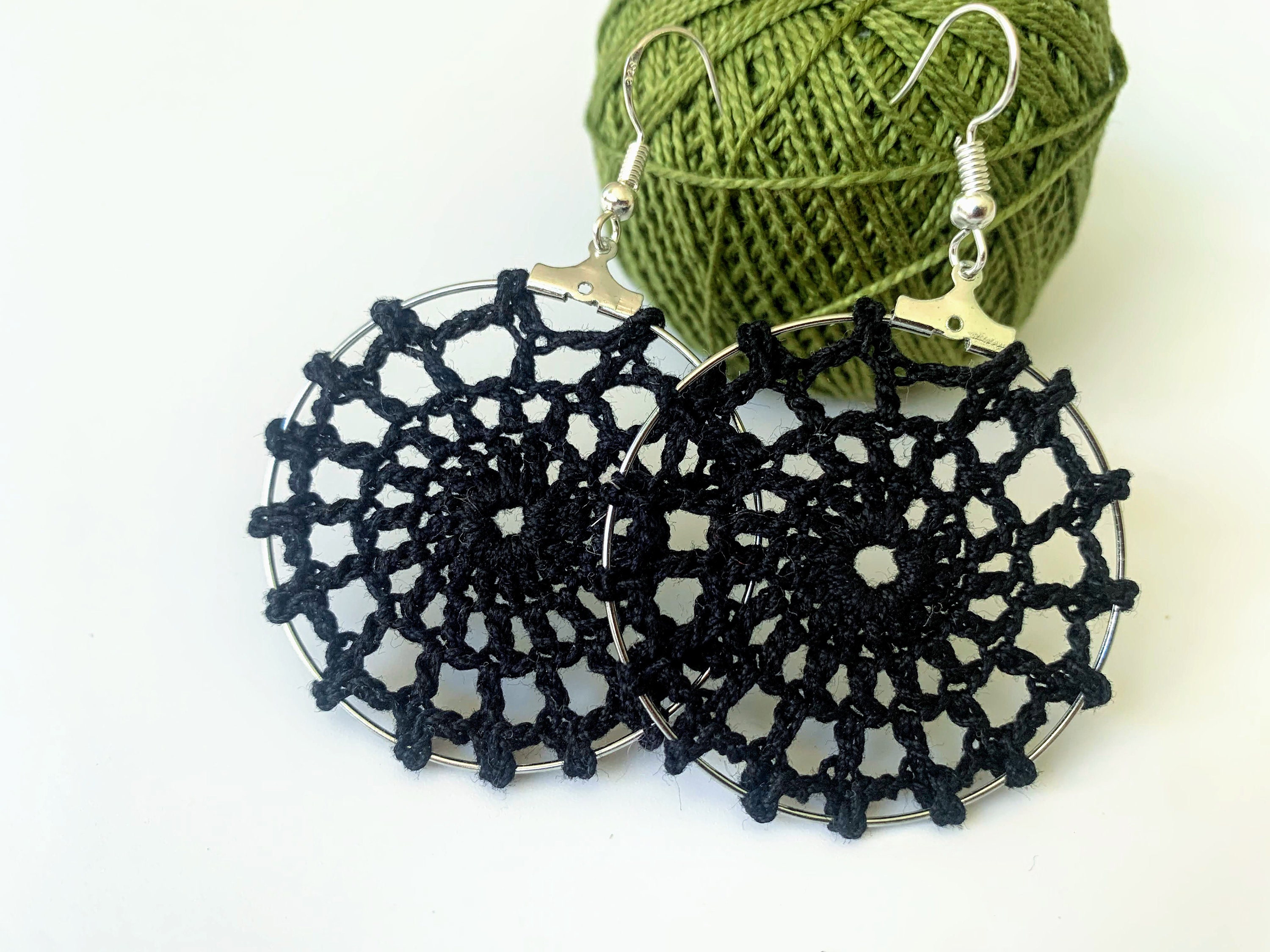 Handmade Spider Web Cotton Crochet Earrings, Crochet Lace Doily Circle Earrings, Black or Olive Green Hoop Earrings, Custom Color Earrings - Thumbnail 4