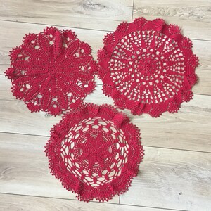 Doily Lot of 3 Red Lace Doilies, Small Crochet Round Table Cloths, Handmade Cotton Crochet Doilies, Retro Home Decor, Boho Gift for Mom