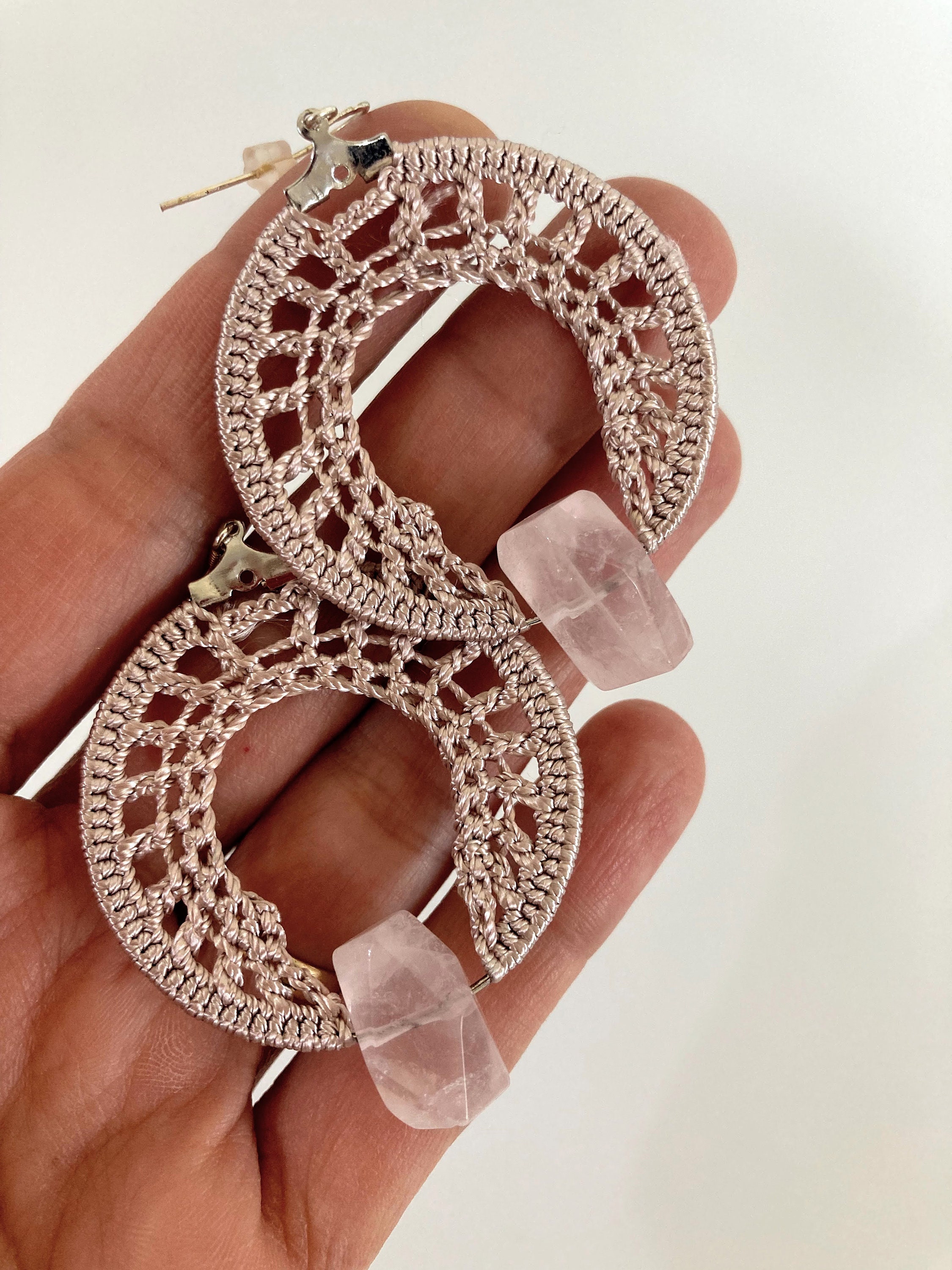 Quartz Dangle Crochet Earrings, Champagne Raw Crystal Earrings, Silky Shimmer Bridal Hoop Earrings, Zodiac Jewelry, Gift for Brides Mom - Thumbnail 7