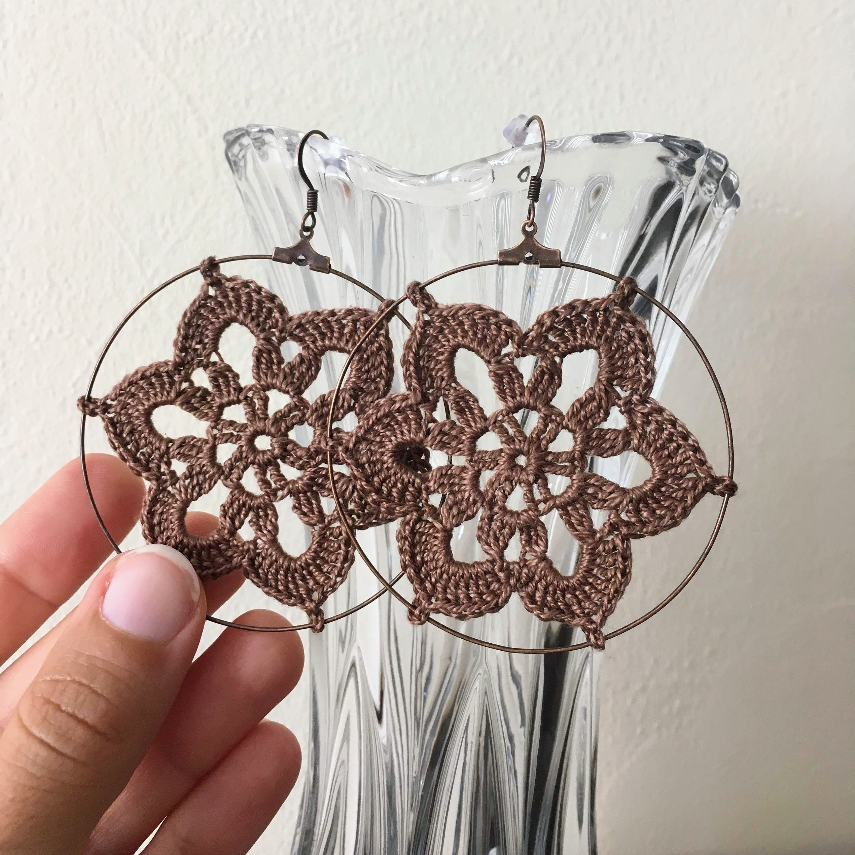 Cottagecore Crochet Flower Earrings, Romantic Lace Doily Earrings, Lightweight Oversized Mandala Large Hoop Earrings, Yoga Crochet Jewelry - Thumbnail 3