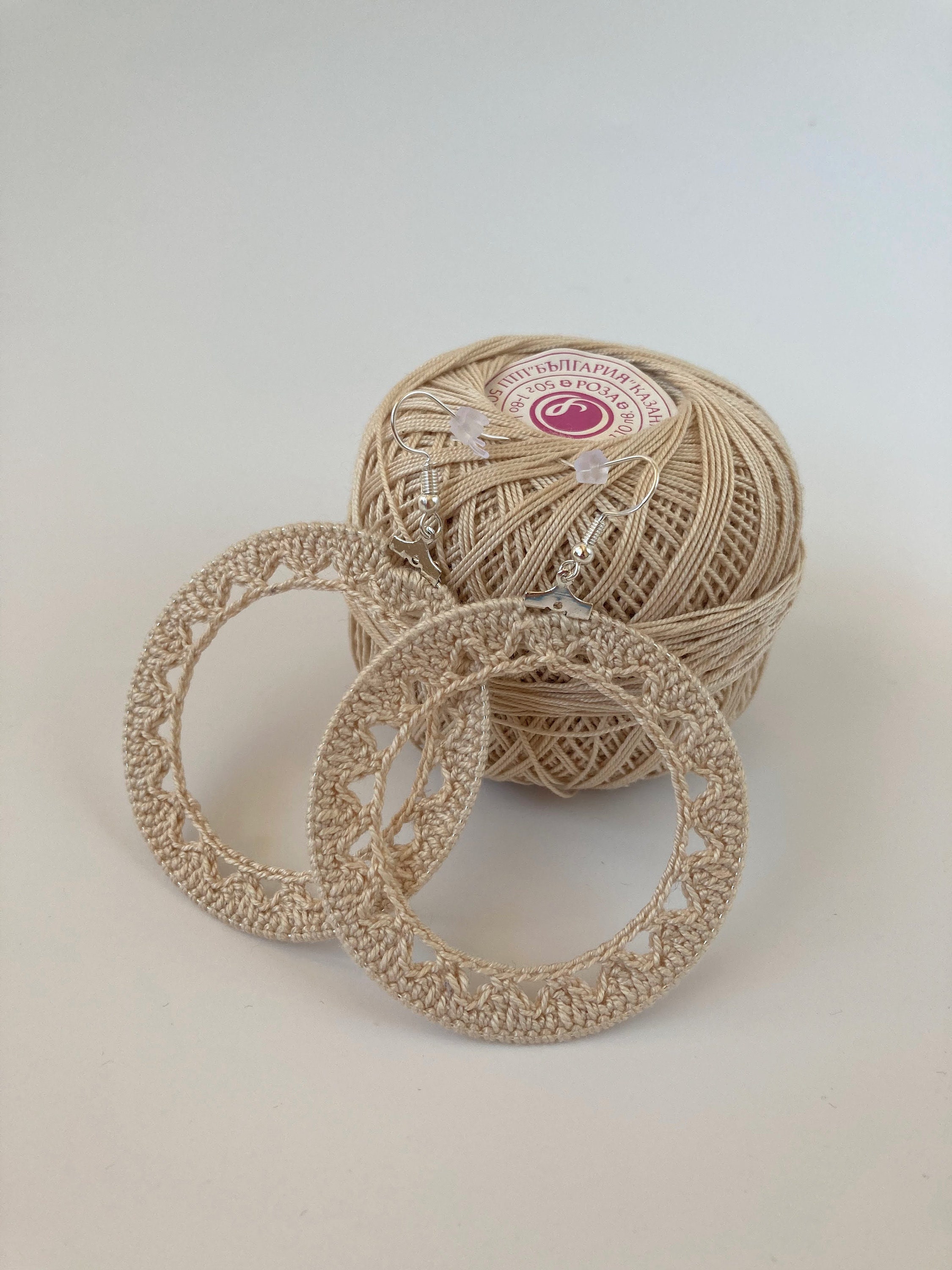 Summer Weaves Round Crochet Earrings in White or Beige, Handmade Cotton Thread Geometric Circle Earrings, Shabby Chic Large Hoops for Women - Thumbnail 6
