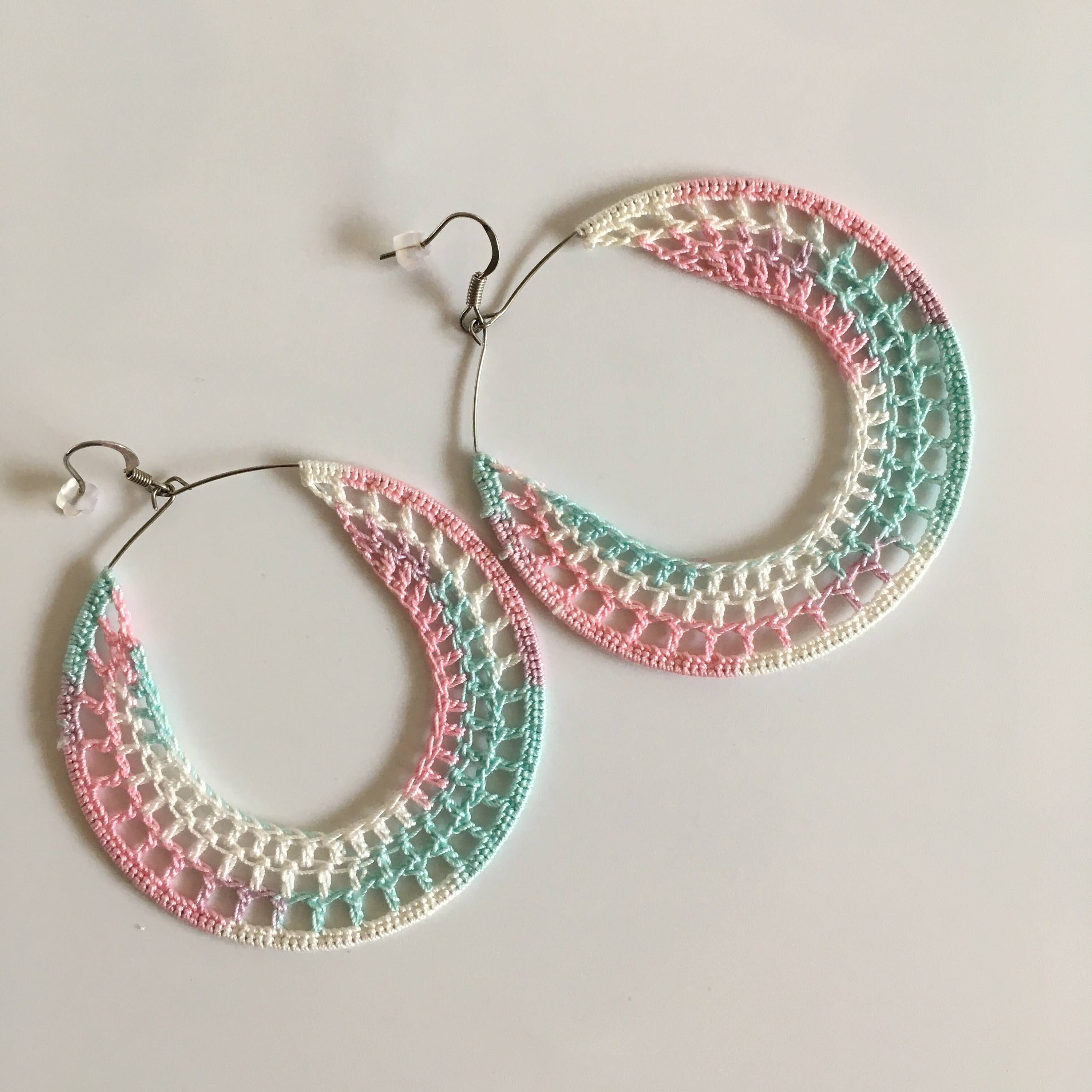 Big Hoop Ombre Earrings, Pastel Color Gradient Earrings, Round Crochet Artsy Earrings, Edgy Color Block Jewelry, Trendy Textile Accessories - Thumbnail 3
