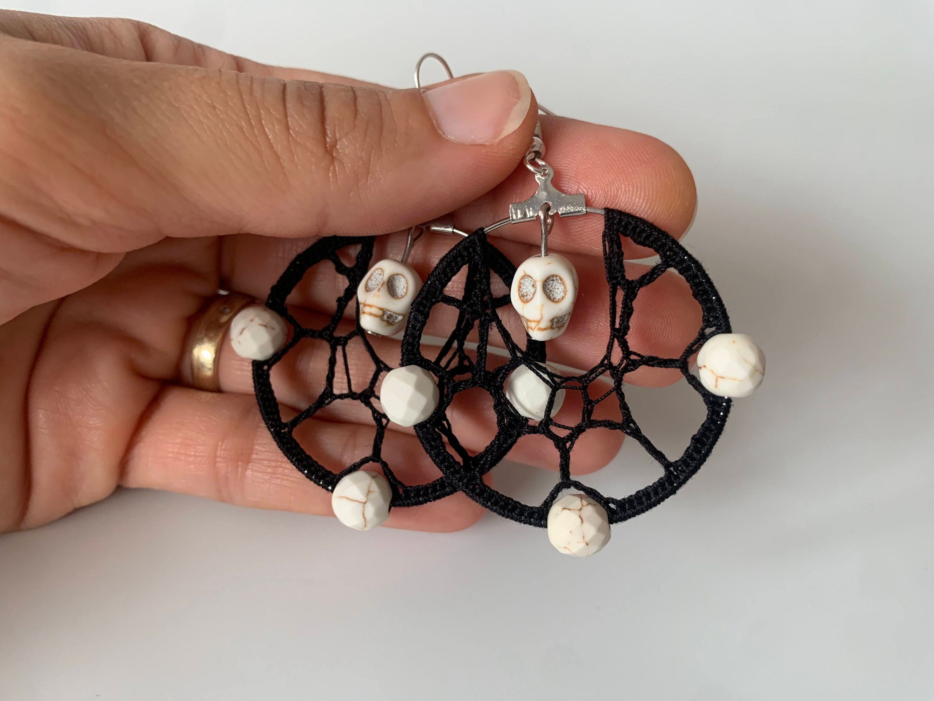 Handmade Skull Earrings, Cotton Lace Goth Earrings, Spider Web Halloween Earrings, Howlite Beaded Witchy Jewelry, Black Crochet Earrings