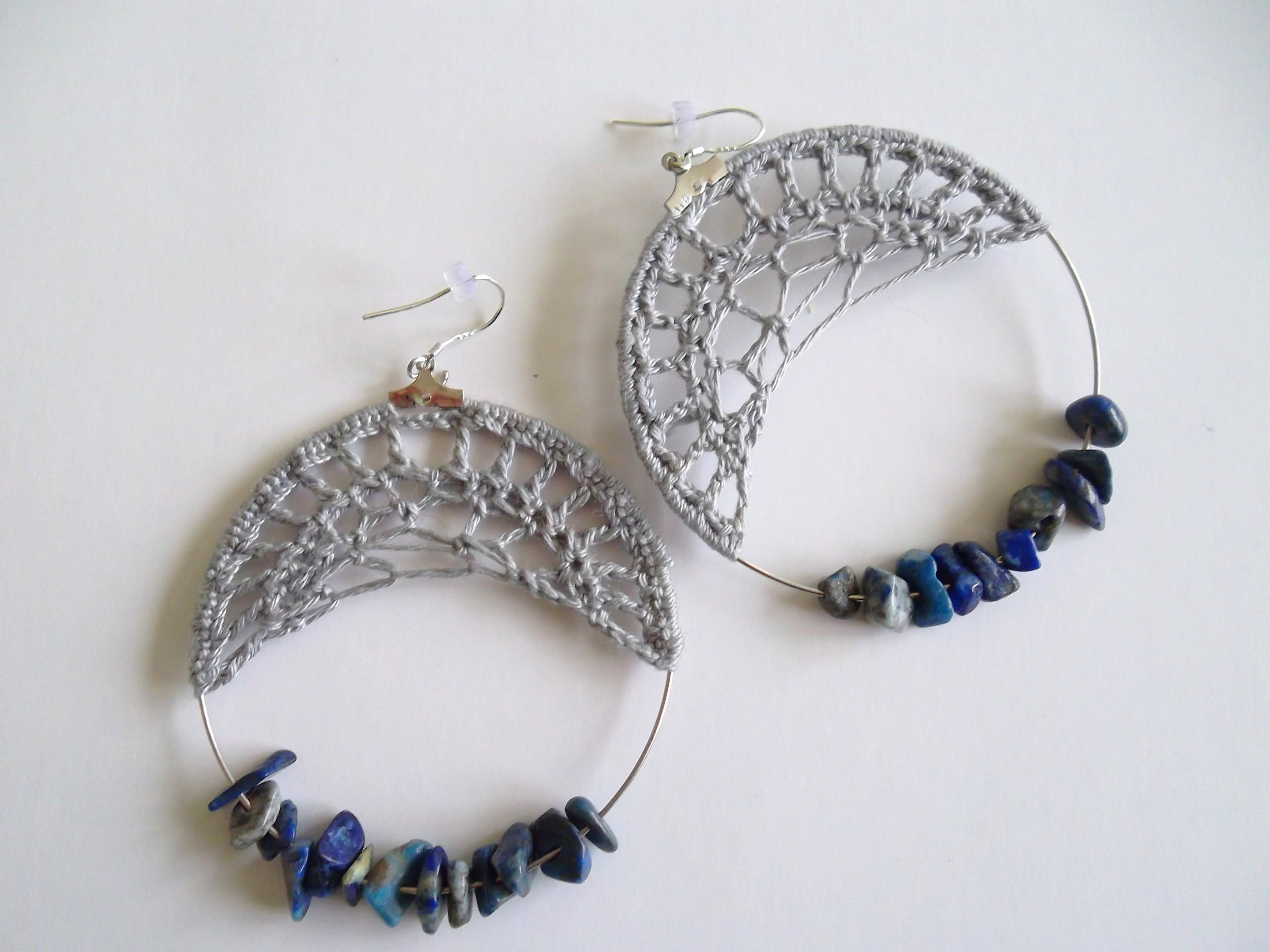 Large Hand Crochet Earrings in Grey Black or Blue, Azurite Chip Beaded Big Hoop Earrings, Bold Boho Lace Crochet Hoops, Unique Jewelry Gift