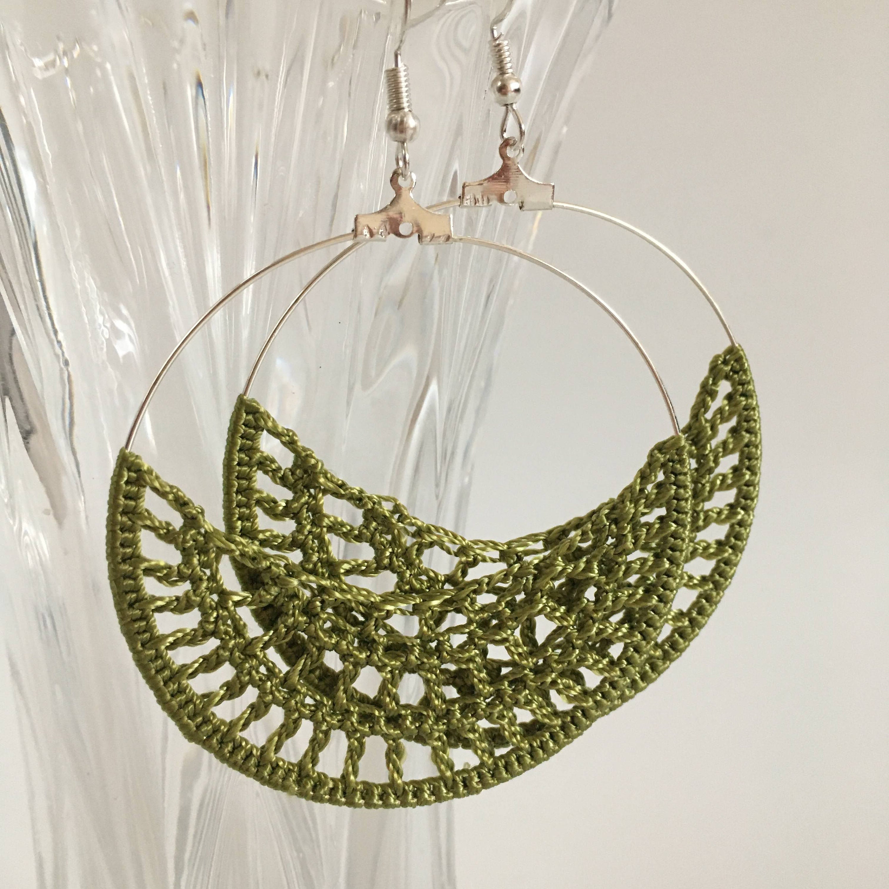 Crochet Hoop Earrings for Women, Half Moon Viscose Silk Thread Earrings, Spider Web Doily Earrings, Crochet Jewelry, Christmas Gift - Thumbnail 3