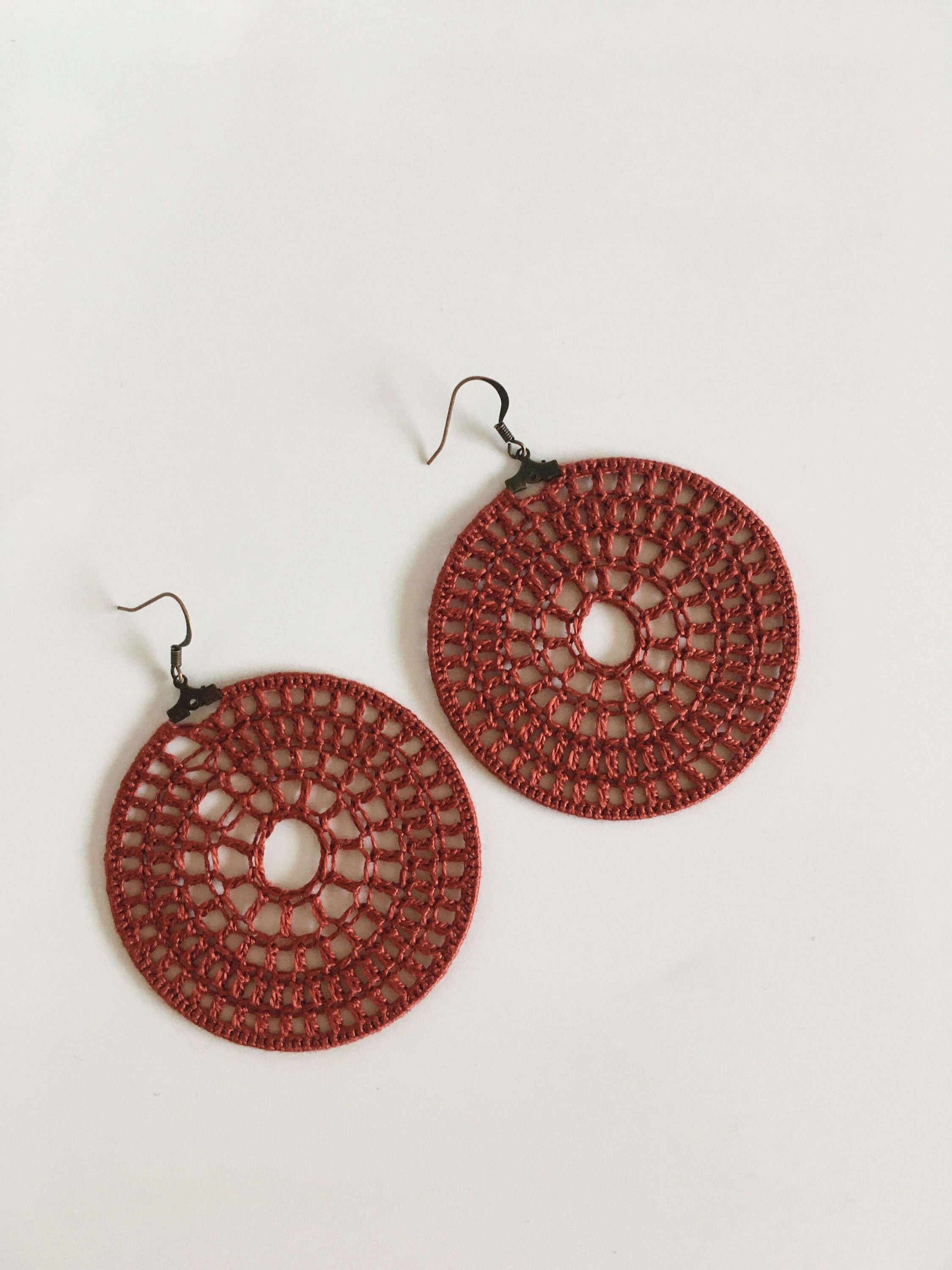 Spider Web Big Hoop Earrings, Rust Brown Circle Crochet Earrings, Round Geometric Earrings, Textile Dangle Earrings, Autumn Color Jewelry - Thumbnail 7