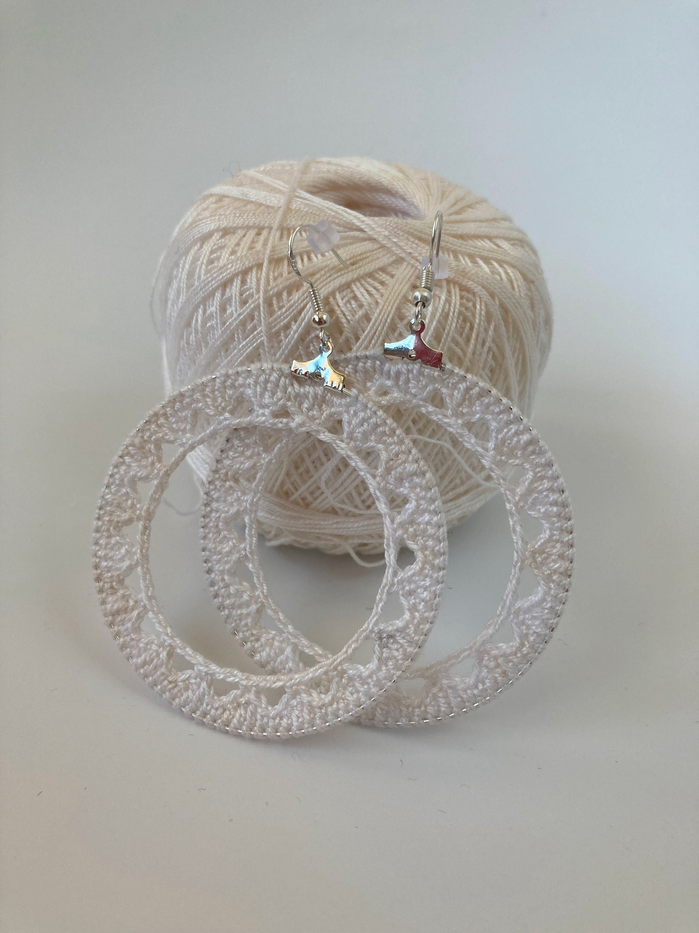 Summer Weaves Round Crochet Earrings in White or Beige, Handmade Cotton Thread Geometric Circle Earrings, Shabby Chic Large Hoops for Women - Thumbnail 5