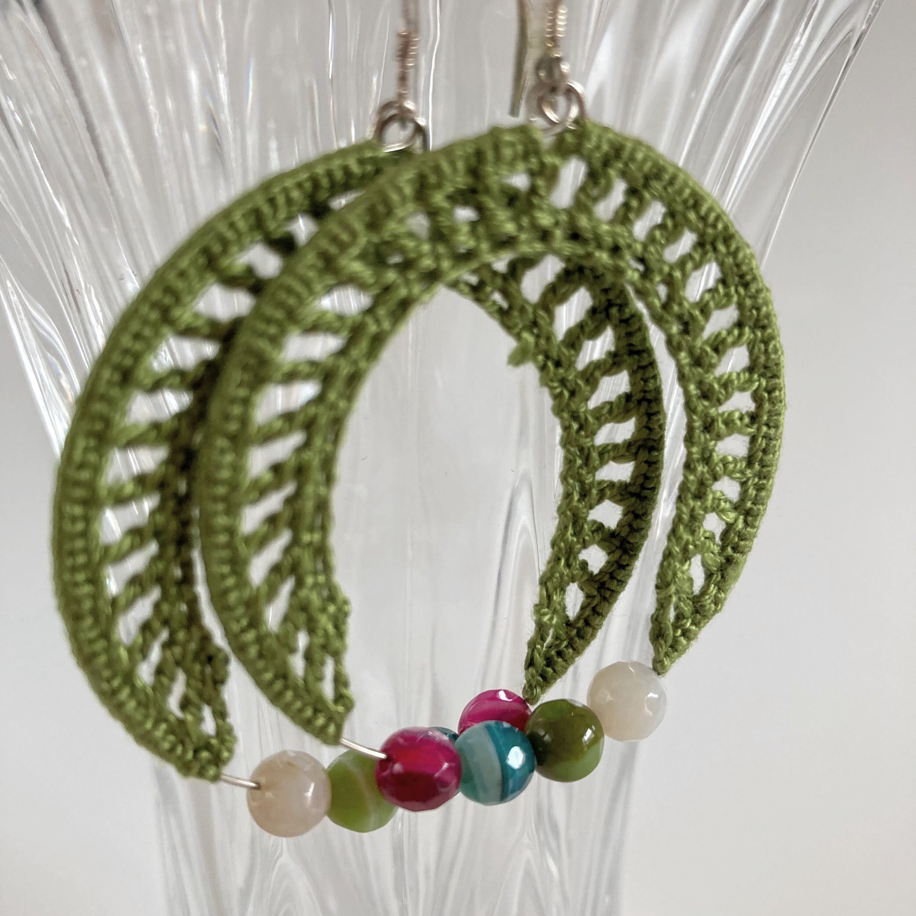 Colorful Crochet Candy Earrings in Hot Pink or Olive Green, Cool Edgy Beaded Hoop Earrings, Color Block Jewelry, Valentines Day Gift for Her - Thumbnail 3