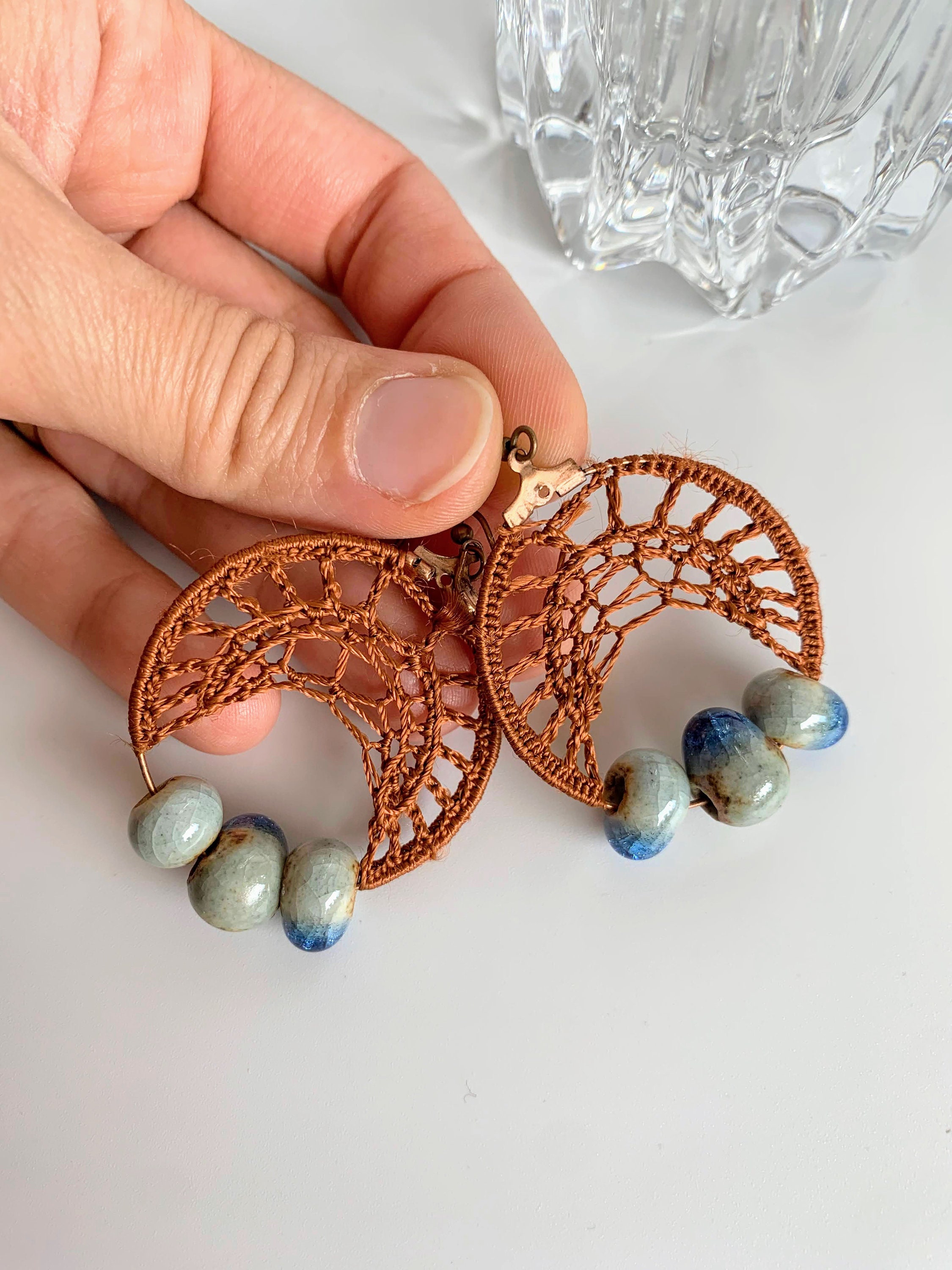 Cottagecore Copper Brown Rust Earrings, Ceramic Dangle Hoop Earrings, Bohemian Crochet Earrings, Boho Silky Lace Earrings, Tribal Jewelry - Thumbnail 7