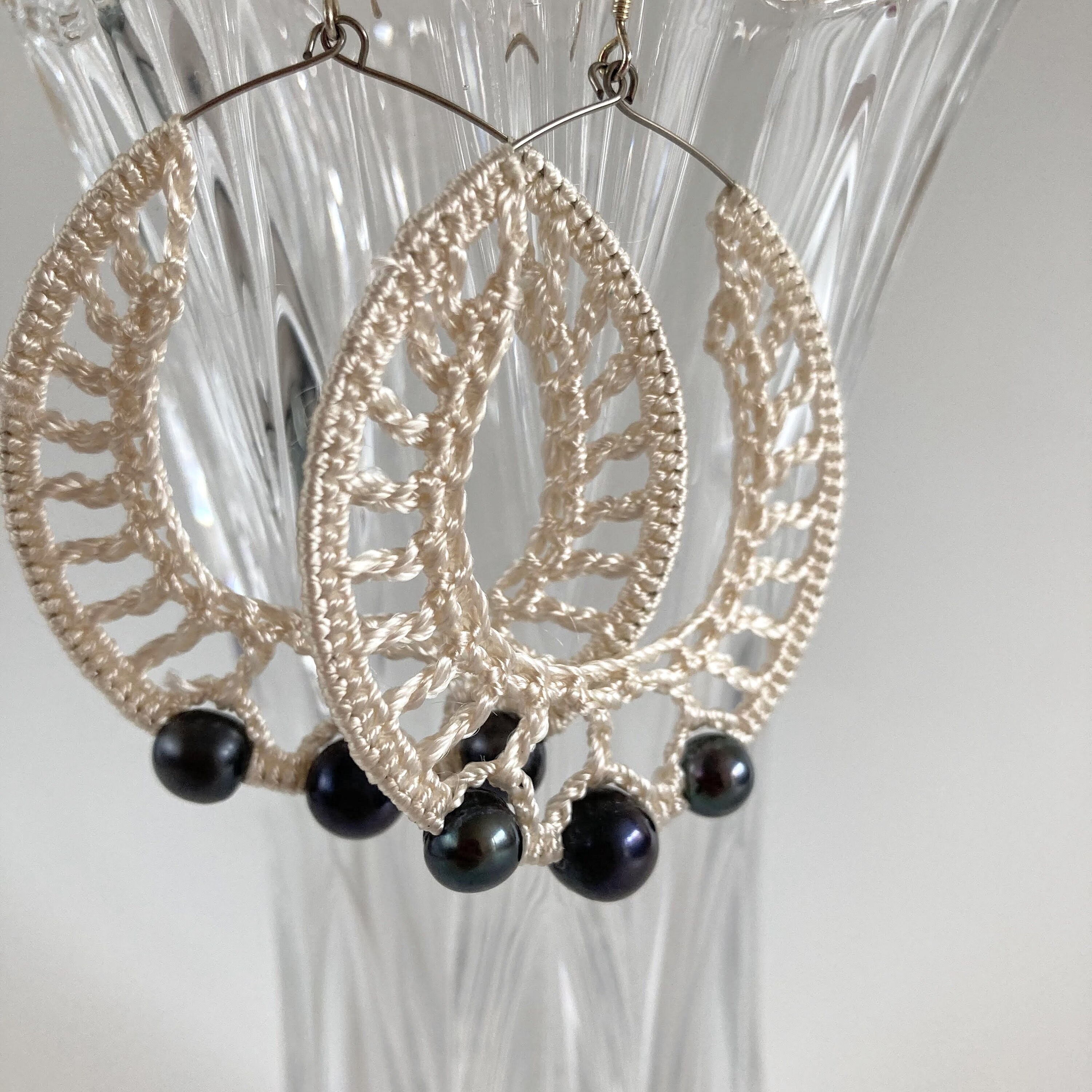 Black Pearl Silk Crochet Earrings, Shimmering White Elegant Crochet Hoops, Beaded Large Drop Earrings, Big Teardrop Earrings, Bridal Jewelry - Thumbnail 5