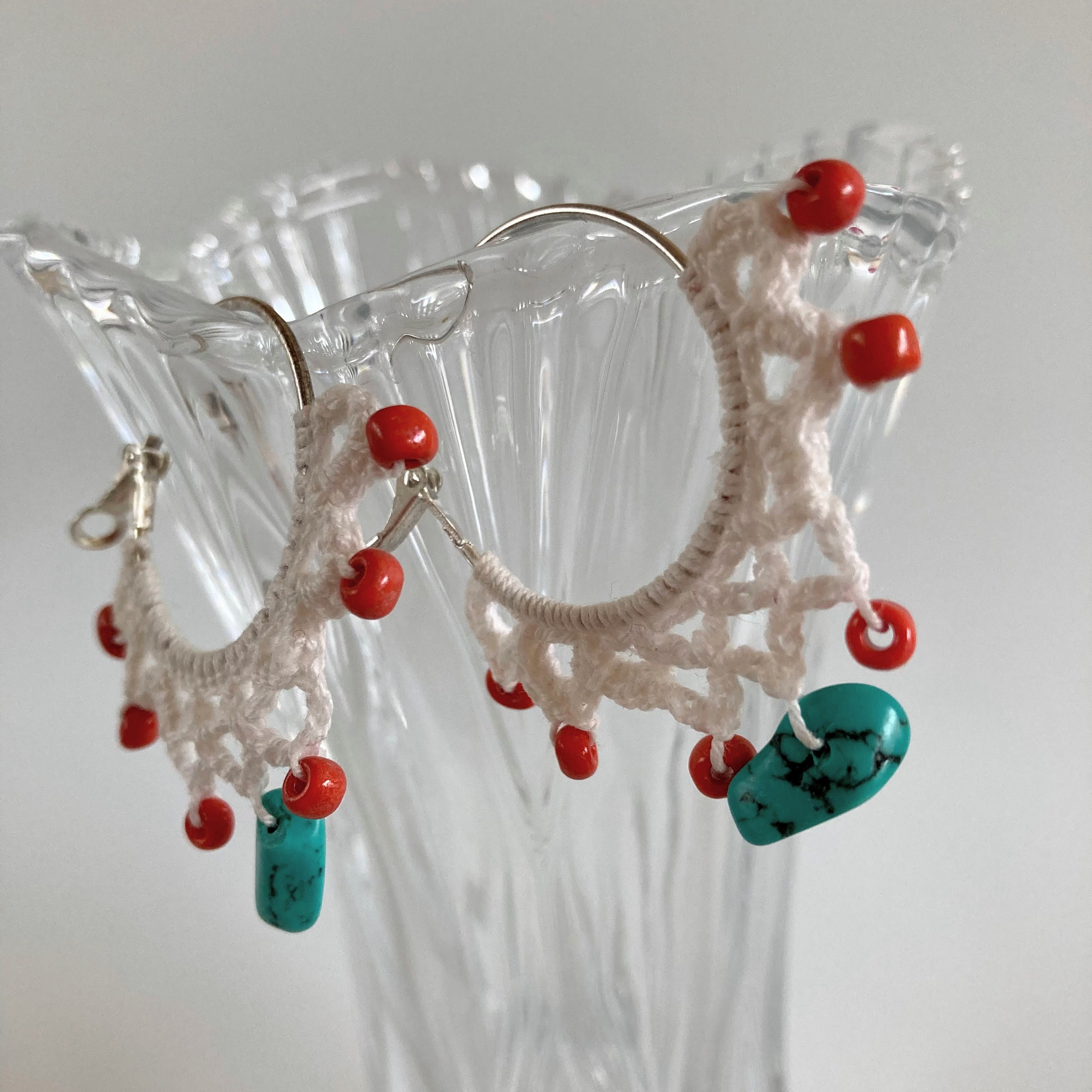 White Lace Crochet Earrings With Blue Turquoise Gemstones, Ethnic Cotton Hoop Earrings with Orange Seed Beads, Tropical Beach Summer Jewelry - Thumbnail 4
