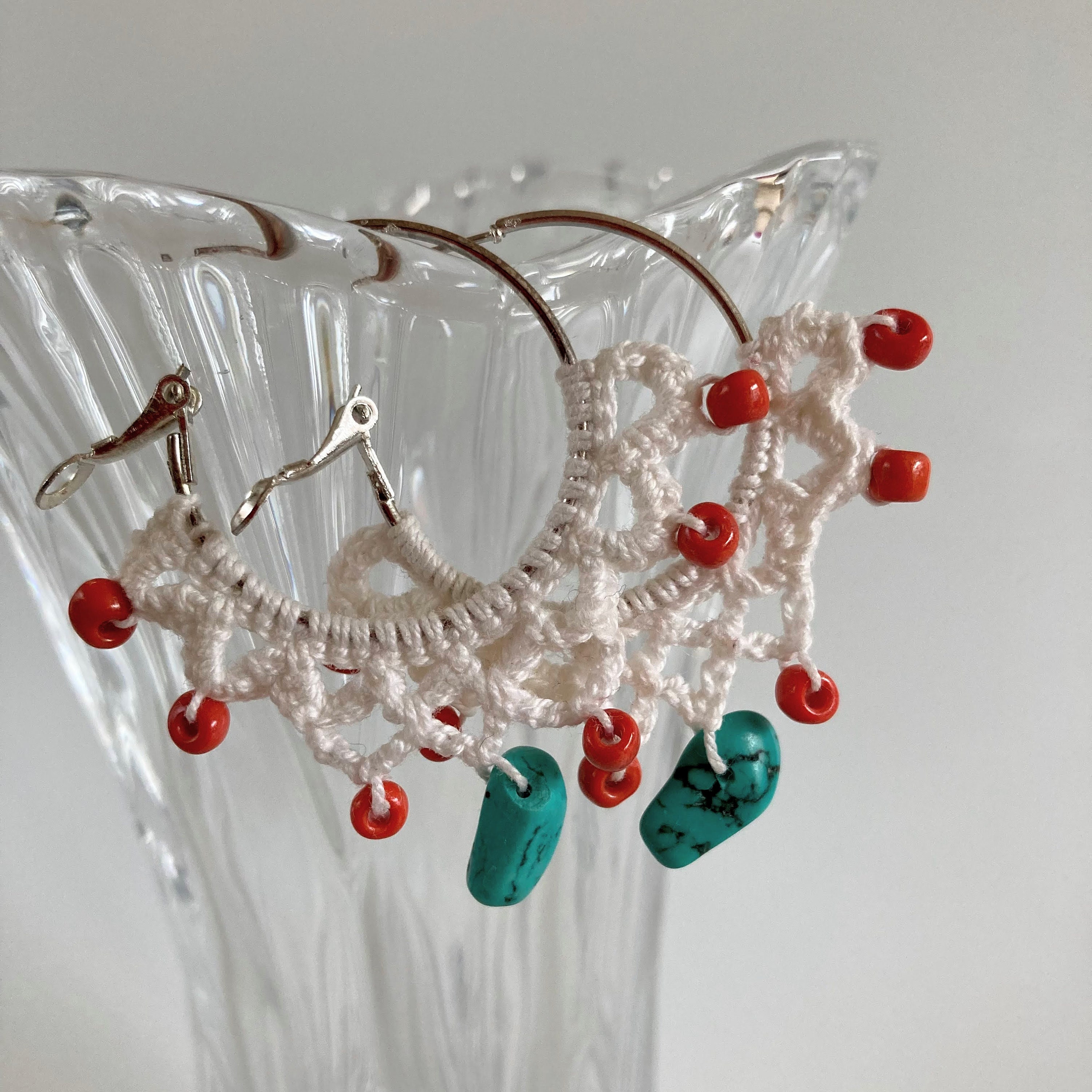 White Lace Crochet Earrings With Blue Turquoise Gemstones, Ethnic Cotton Hoop Earrings with Orange Seed Beads, Tropical Beach Summer Jewelry