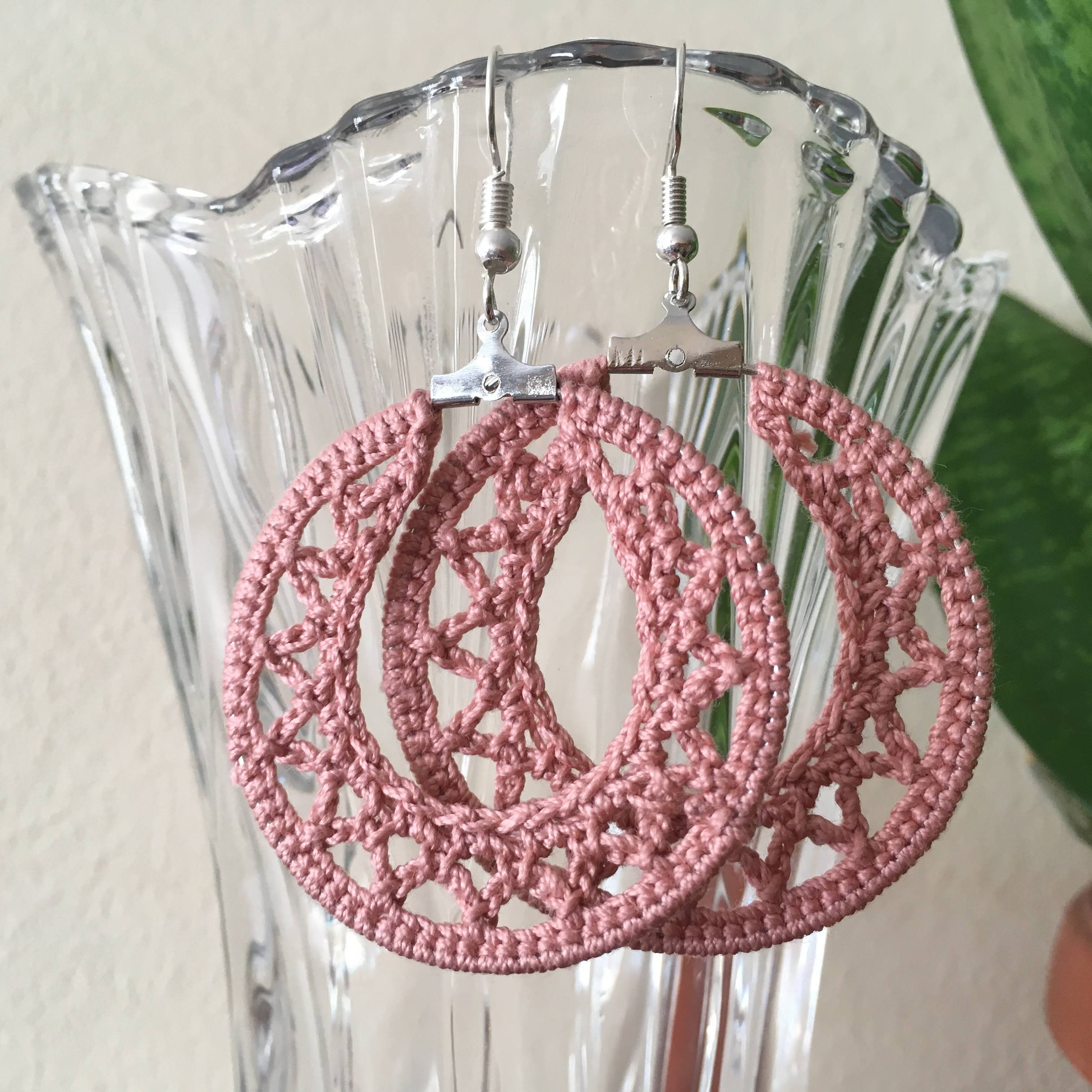 Pink Geometric Crochet Earrings for Bold Women, Unique Statement Big Hoop Earrings, Cotton Lace Crochet Jewelry, Large Round Doily Earrings - Thumbnail 5