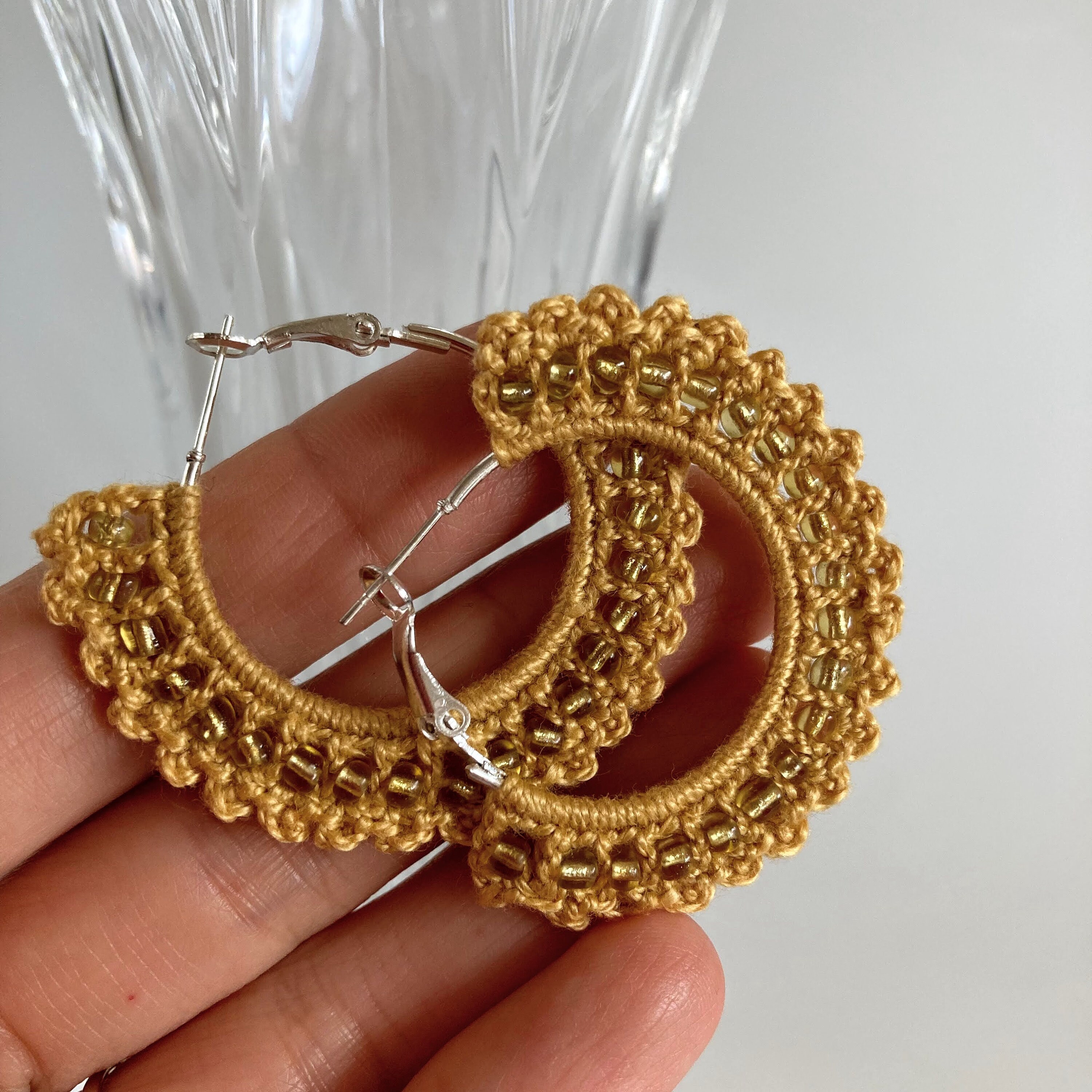 Mustard Yellow Crochet Hoop Earrings, Scalloped Fan Shaped Earrings with Beads, Elegant Beaded Hoops, Gold Tone Autumn Jewelry, Crochet Gift - Thumbnail 7