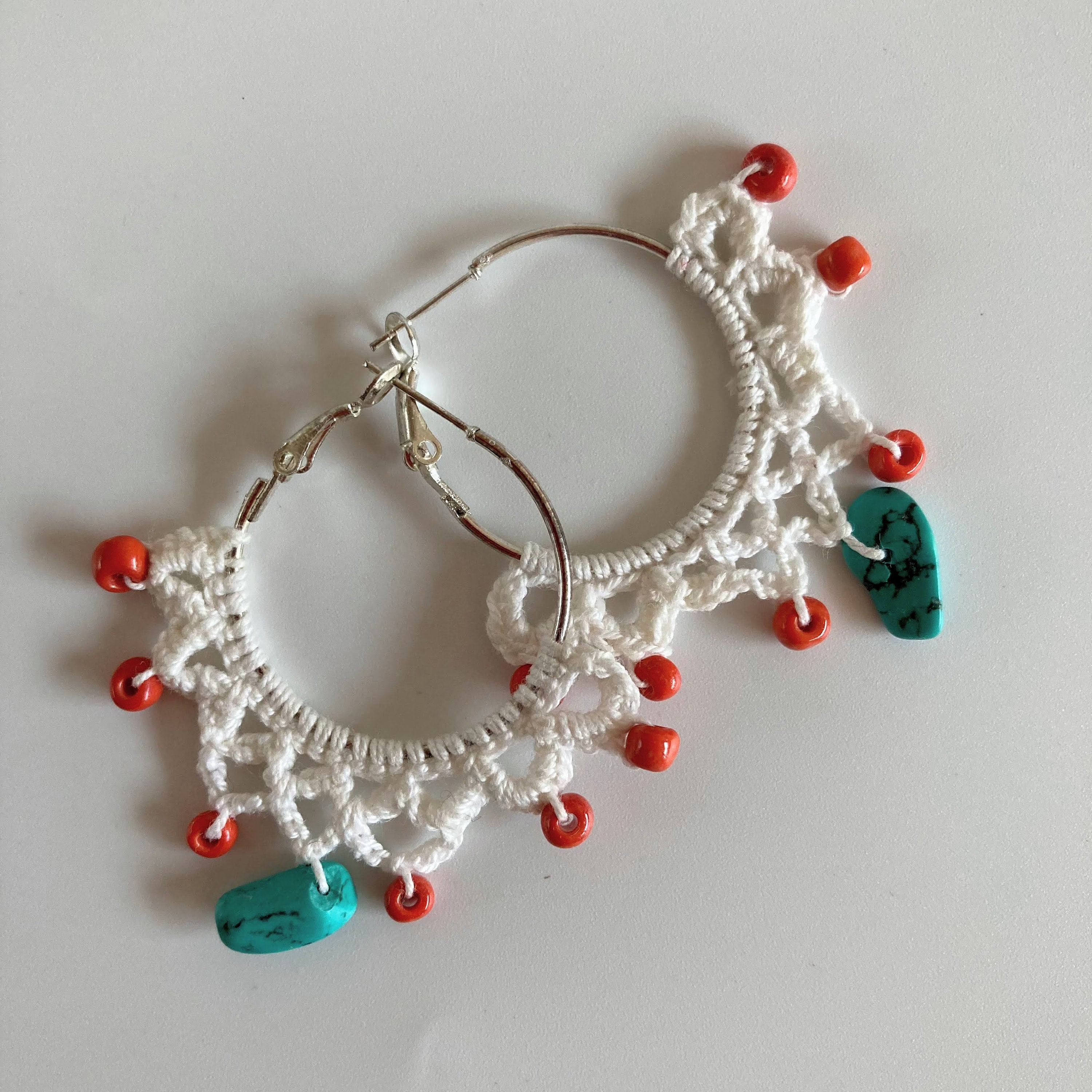 White Lace Crochet Earrings With Blue Turquoise Gemstones, Ethnic Cotton Hoop Earrings with Orange Seed Beads, Tropical Beach Summer Jewelry - Thumbnail 6