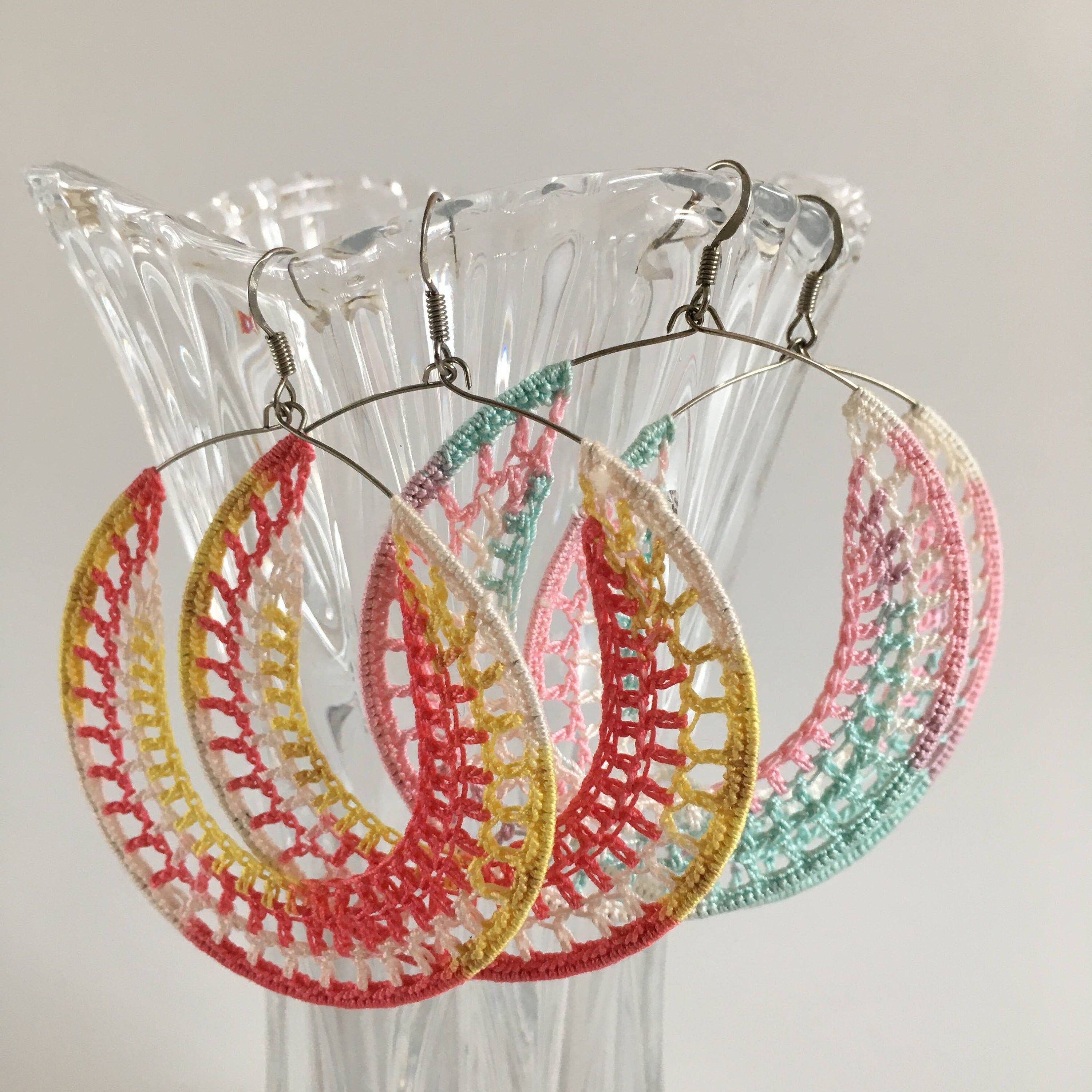 Big Hoop Ombre Earrings, Pastel Color Gradient Earrings, Round Crochet Artsy Earrings, Edgy Color Block Jewelry, Trendy Textile Accessories - Thumbnail 6