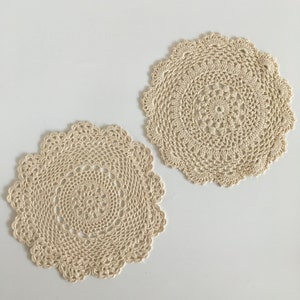 Set of Two Cotton Crochet Small Round Lace Doilies, Shabby Chic Ecru Color Crochet Coasters, Crochet Rustic Home Decor, House Warming Gift,