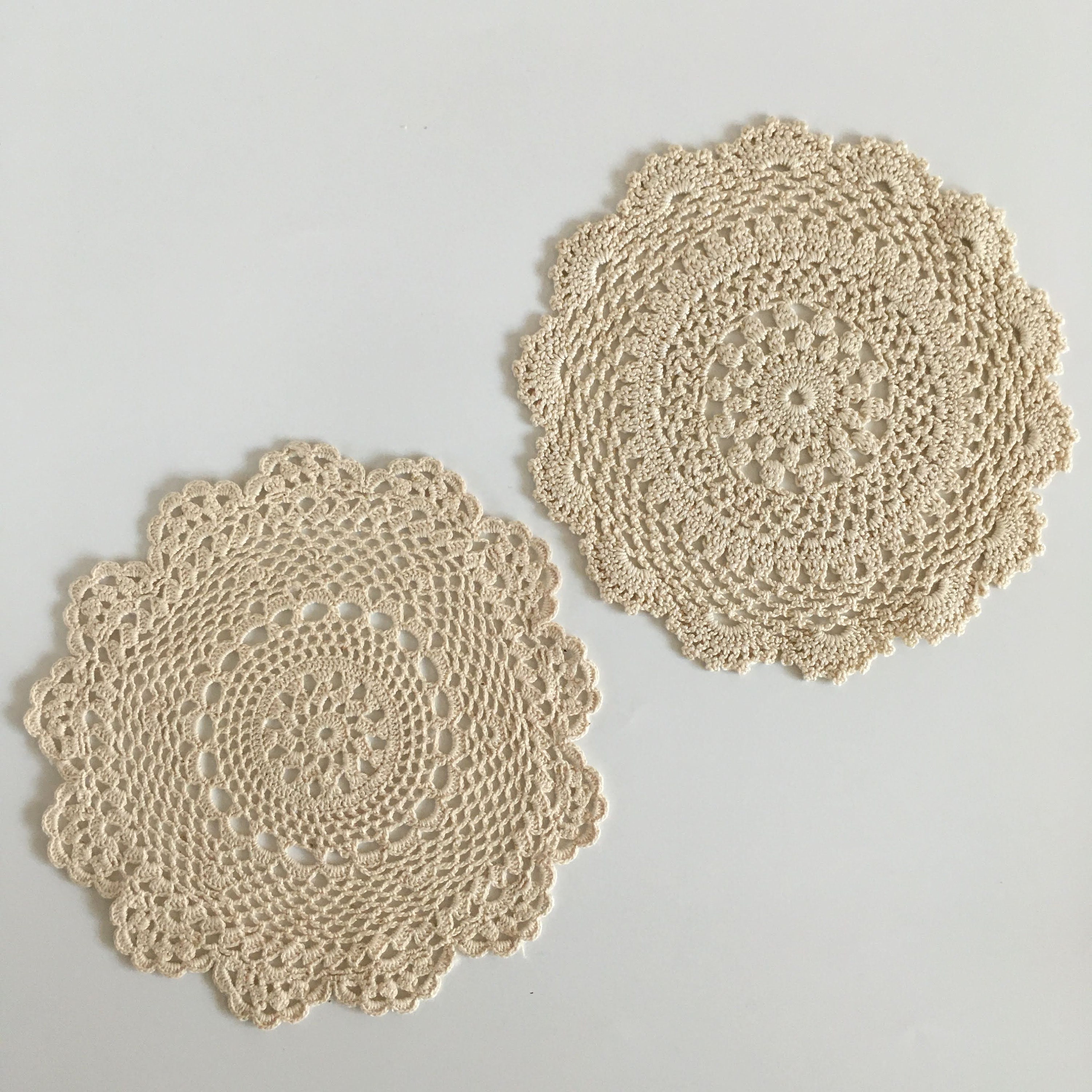 Set of Two Cotton Crochet Small Round Lace Doilies, Shabby Chic Ecru Color Crochet Coasters, Crochet Rustic Home Decor, House Warming Gift,