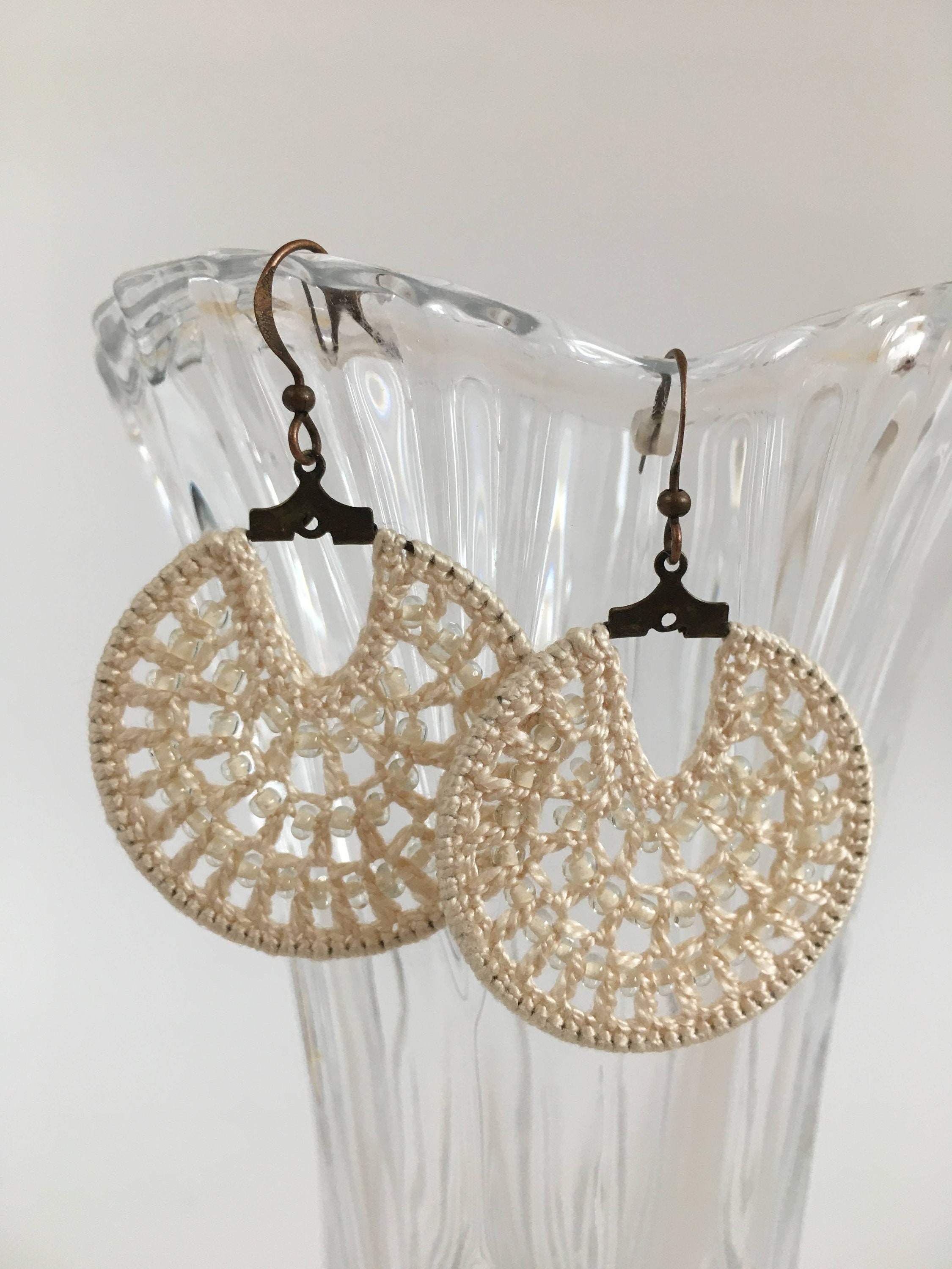 Off White Dangle Crochet Earrings with Beads, Modern Beaded Hoop Earrings, Cotton Lace Jewelry, Fiber Art Accessories, Gift for Wife - Thumbnail 2