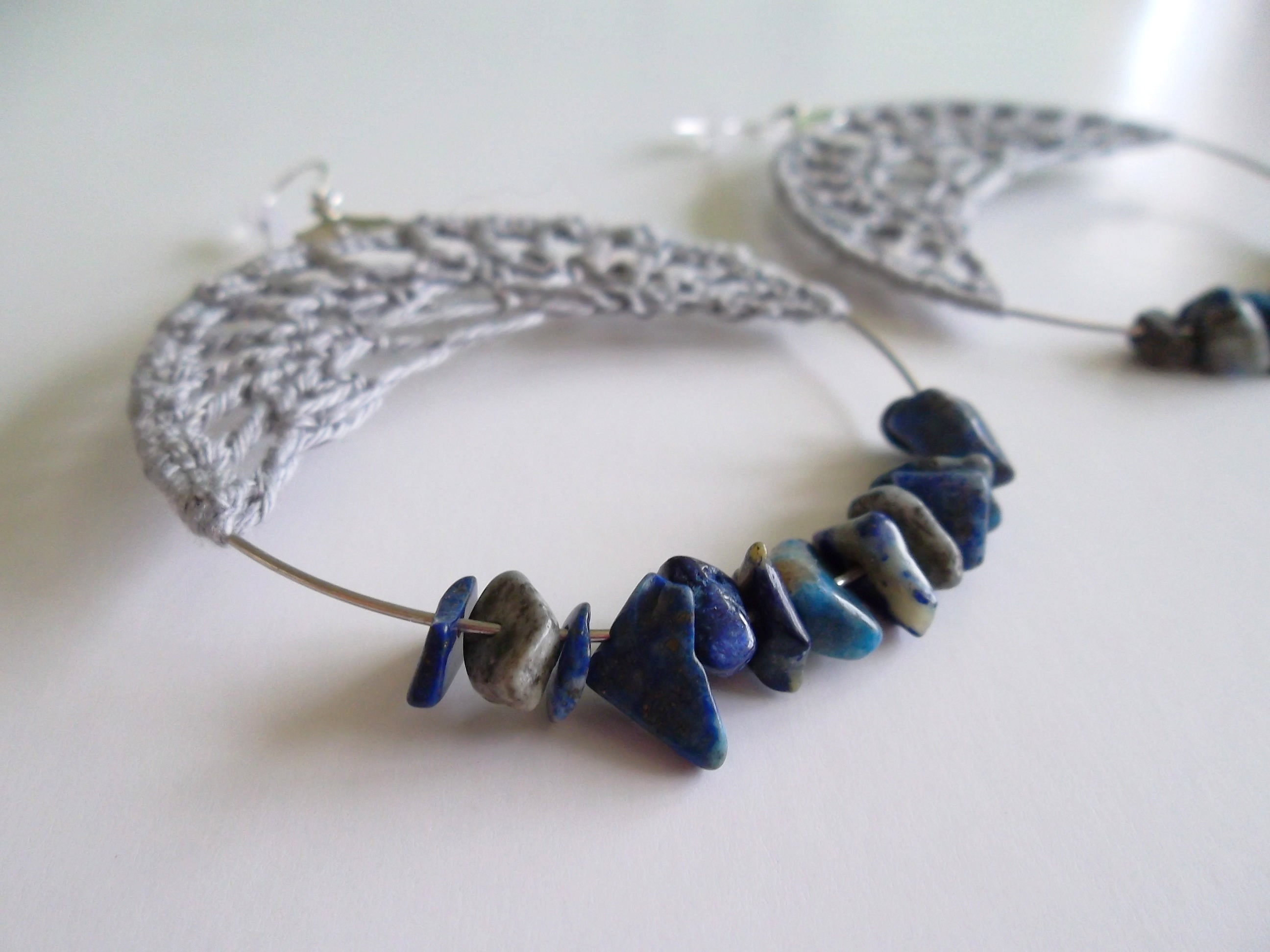Large Hand Crochet Earrings in Grey Black or Blue, Azurite Chip Beaded Big Hoop Earrings, Bold Boho Lace Crochet Hoops, Unique Jewelry Gift - Thumbnail 3