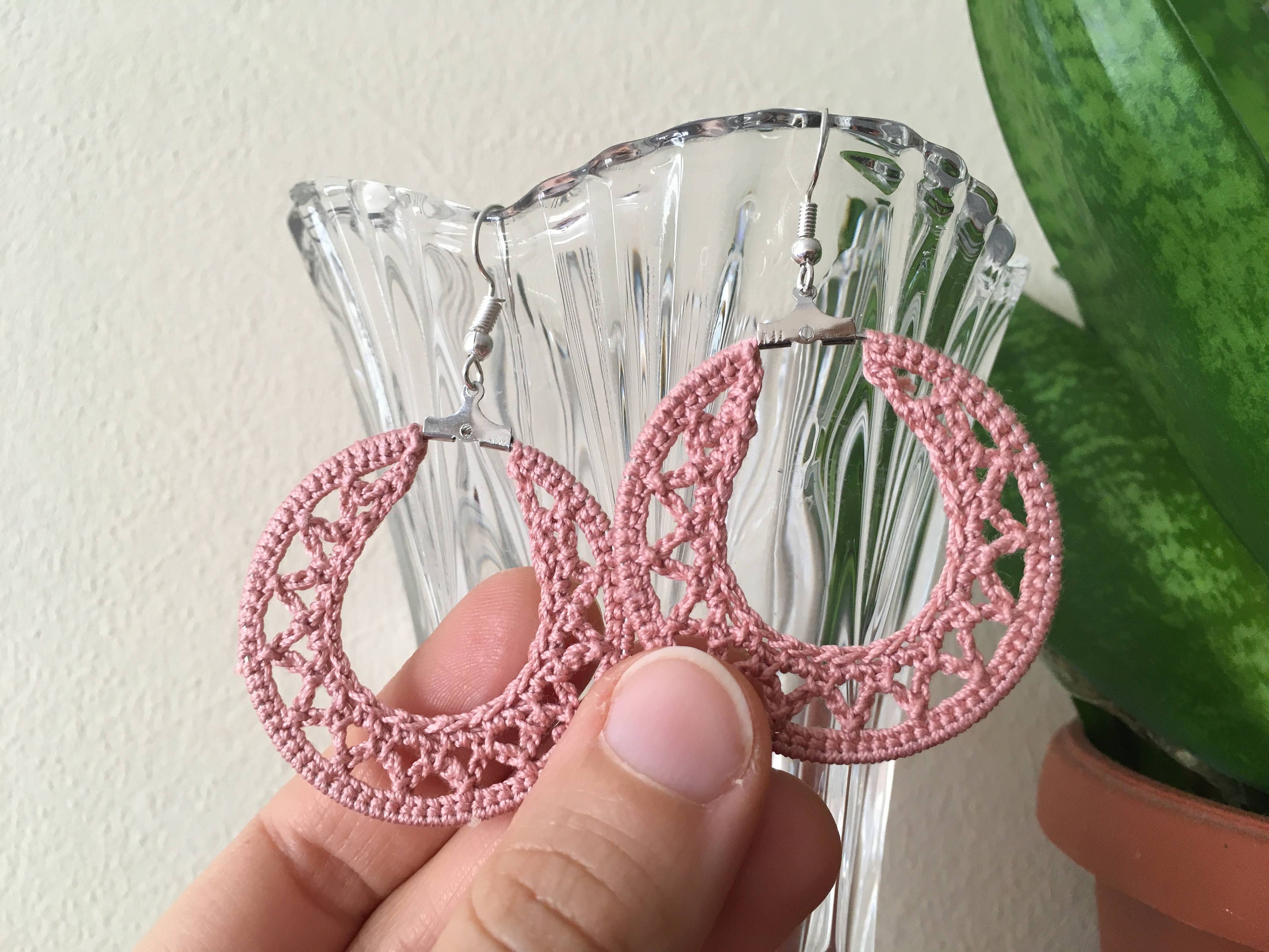 Pink Geometric Crochet Earrings for Bold Women, Unique Statement Big Hoop Earrings, Cotton Lace Crochet Jewelry, Large Round Doily Earrings - Thumbnail 7