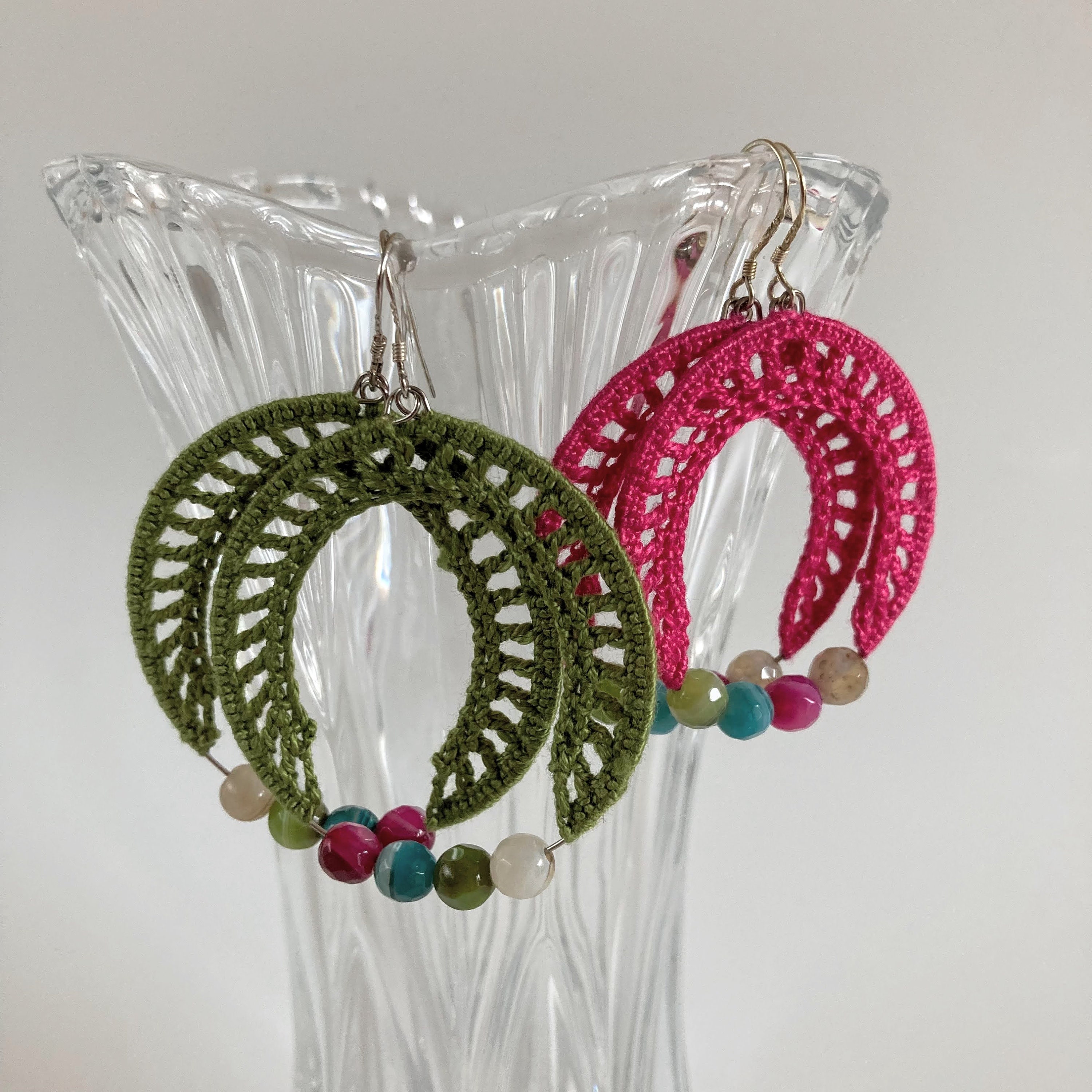 Colorful Crochet Candy Earrings in Hot Pink or Olive Green, Cool Edgy Beaded Hoop Earrings, Color Block Jewelry, Valentines Day Gift for Her - Thumbnail 2