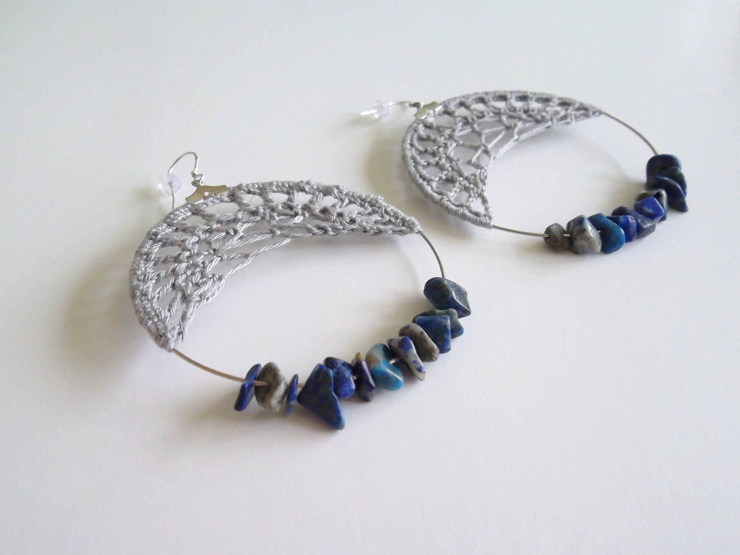 Large Hand Crochet Earrings in Grey Black or Blue, Azurite Chip Beaded Big Hoop Earrings, Bold Boho Lace Crochet Hoops, Unique Jewelry Gift - Thumbnail 7