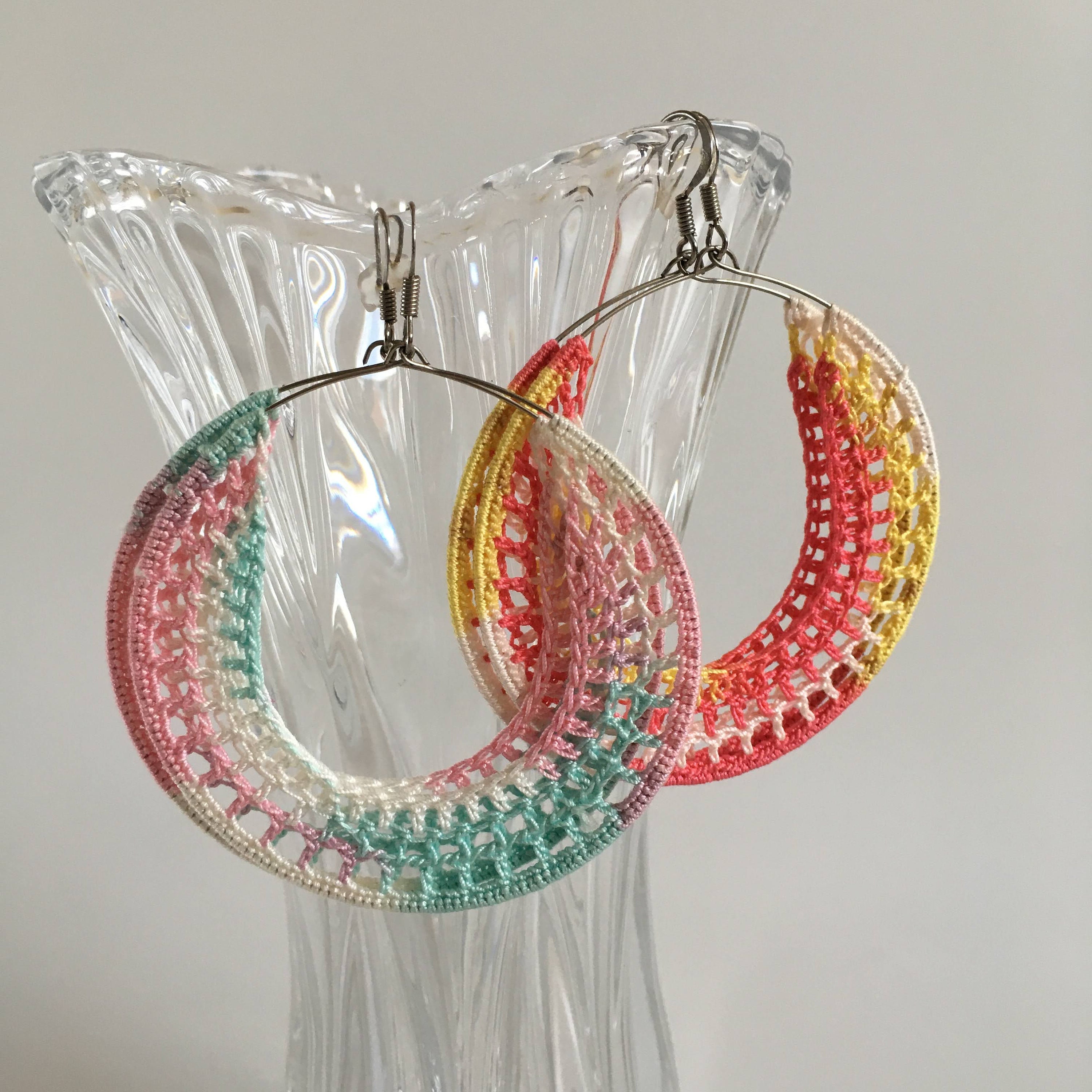 Big Hoop Ombre Earrings, Pastel Color Gradient Earrings, Round Crochet Artsy Earrings, Edgy Color Block Jewelry, Trendy Textile Accessories - Thumbnail 5