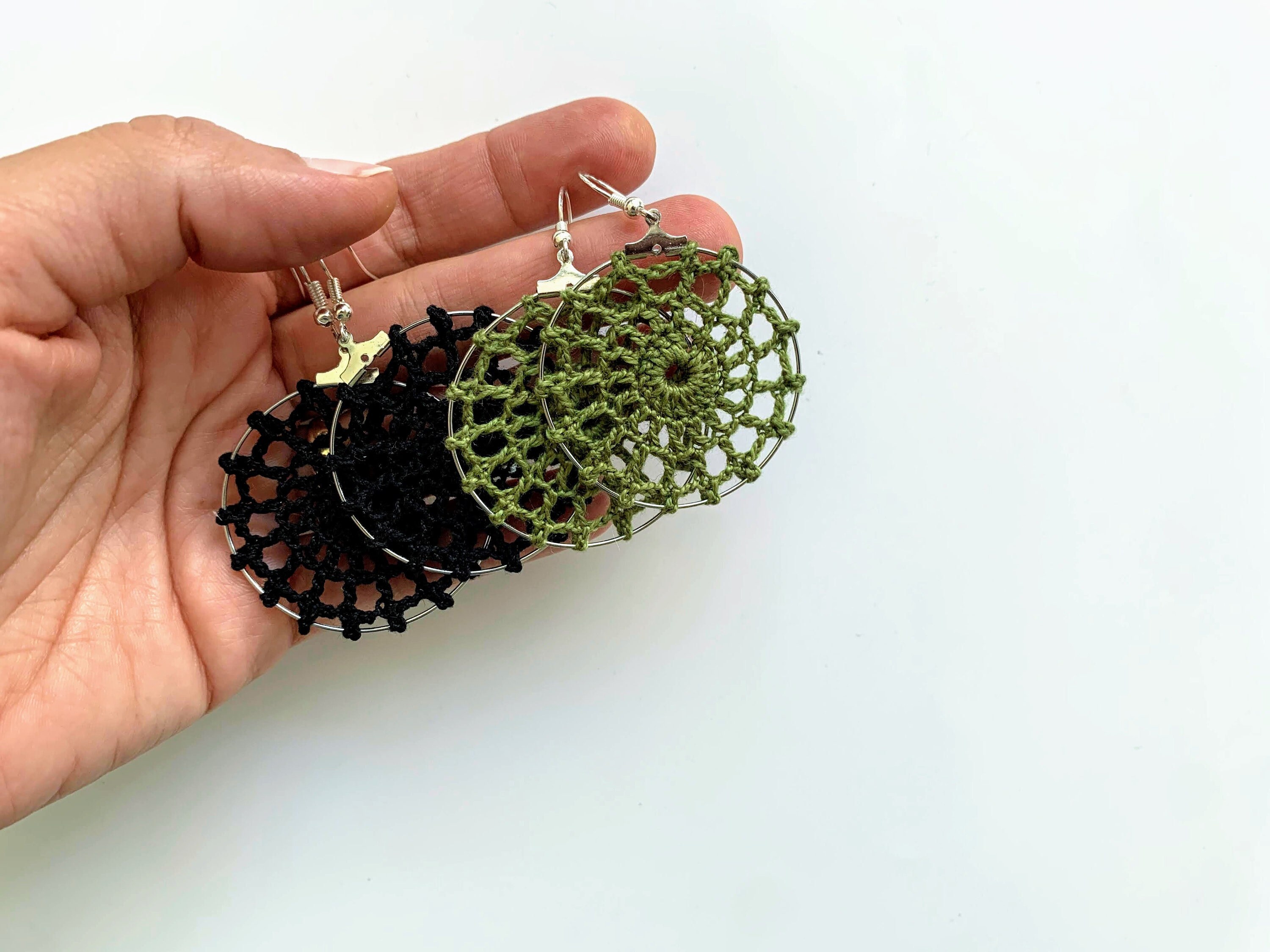 Handmade Spider Web Cotton Crochet Earrings, Crochet Lace Doily Circle Earrings, Black or Olive Green Hoop Earrings, Custom Color Earrings