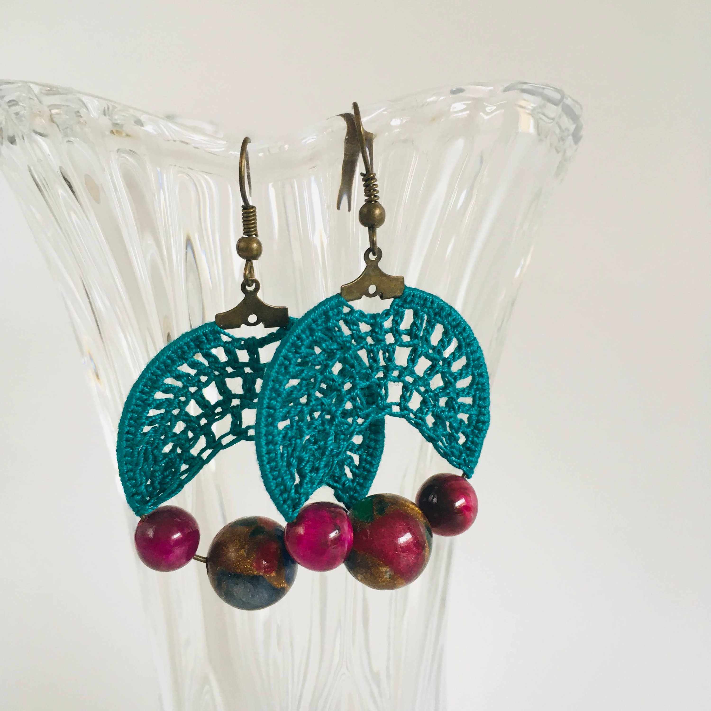 Emerald Green Dangling Crochet Earrings with Purple Glass Cat's Eye Beads, Bright Bold Color Block Hoop Earrings, Statement Cotton Jewelry - Thumbnail 2