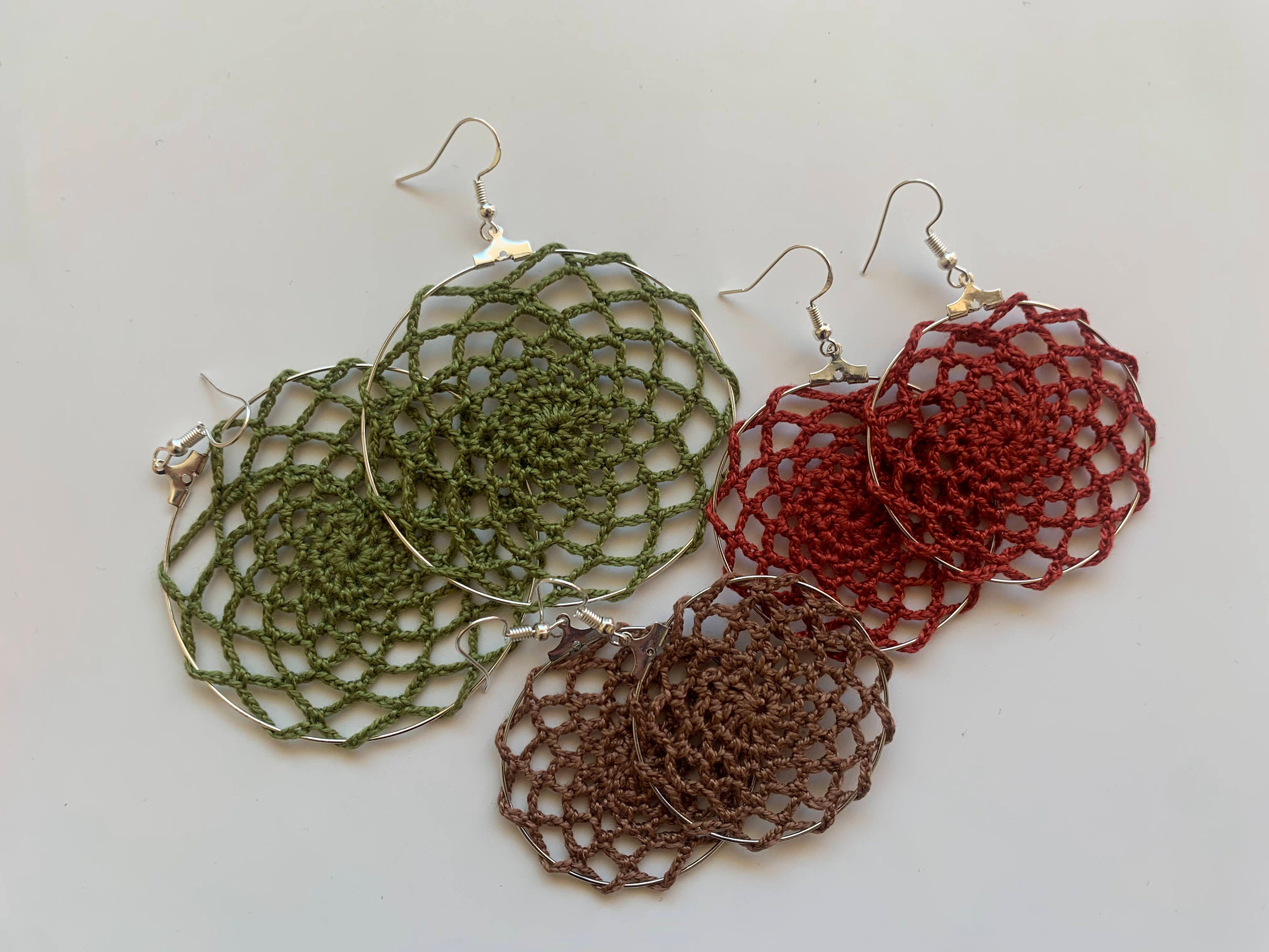 Cottagecore Cotton Crochet Earrings , Circle Hoop Mandala Earrings, Tribal Indie Jewelry, Lighweight Summer Earrings, Doily Lace Earrings - Thumbnail 6