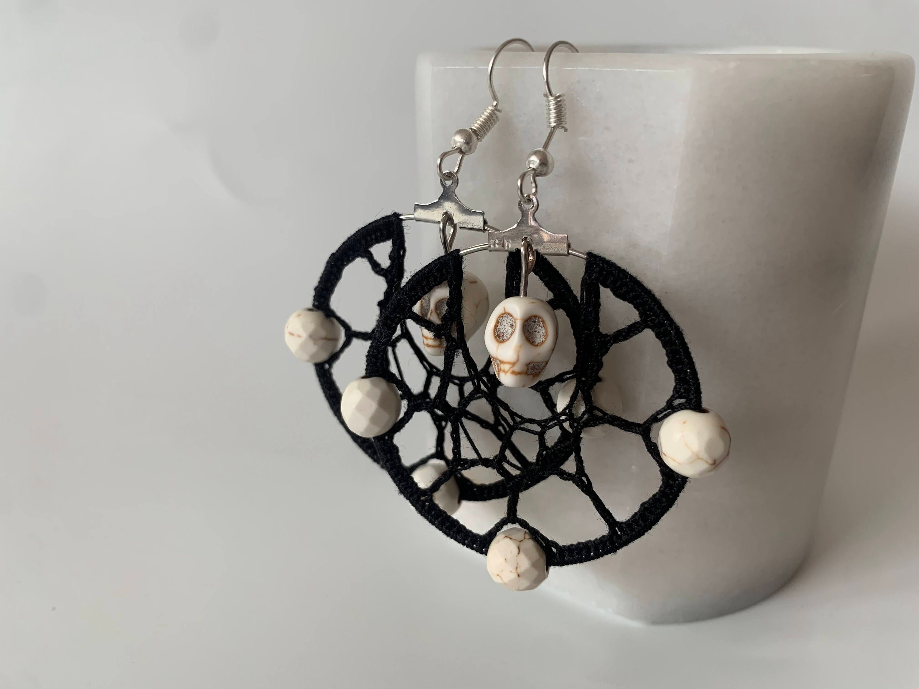 Handmade Skull Earrings, Cotton Lace Goth Earrings, Spider Web Halloween Earrings, Howlite Beaded Witchy Jewelry, Black Crochet Earrings - Thumbnail 5